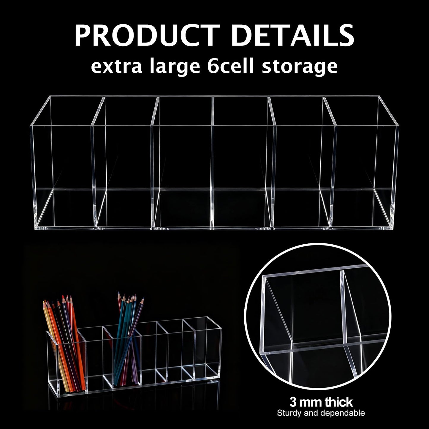 PEDOBALI 5 Pcs Clear Pencil Holder 6 Compartments Acrylic Cosmetic Brush Storage Box Pencil Cup Stationery Holder Makeup Brush Organizer for Bathroom Kitchen Dorm Office Desk Accessories