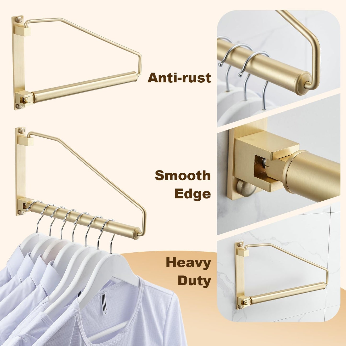 Hiendure Folding Clothes Hanger Gold Brushed Drying Clothes Rack Wall-Mounted Space Saver for Laundry Room Closet, Brass, 12 Inch