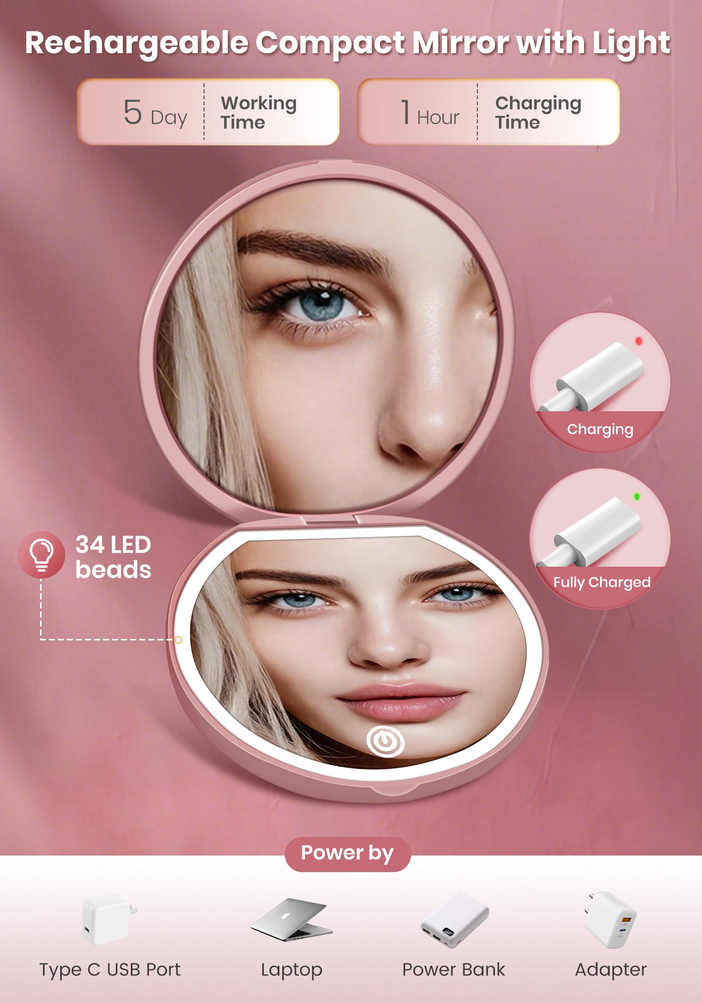 SisKokoro Compact Mirror with Light, Rechargeable 40X Magnifying Mirror with 3 Lighting Modes & Dimmable Brightness, Portable Travel Makeup Mirror; Essentials for Travel, Pocket, Purse Gifts Rose