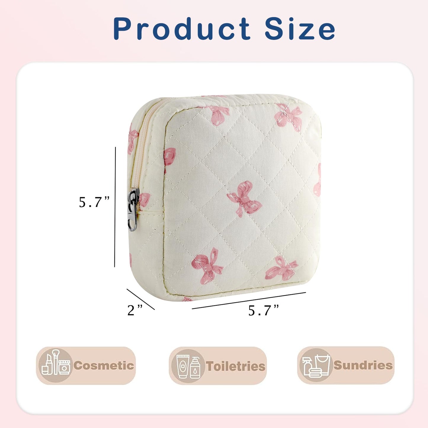 Small Quilted Cotton Makeup Bag for Purse, Cosmetic Bag with Compartments, Cotton Aesthetic Makeup Bag, Travel Toiletry Pouch, Lipstick Bag Card Holder Data Cable Organizer (08White Pink Bow)