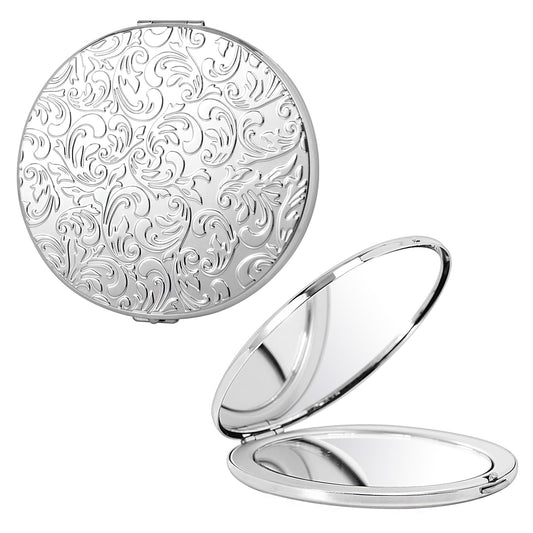EYIWEITING Oval Mini Portable Metal Folding Mirror, Beautiful and Elegant, Sturdy and Durable, 1X/2X Magnifier. (Oval Pattern Silver)