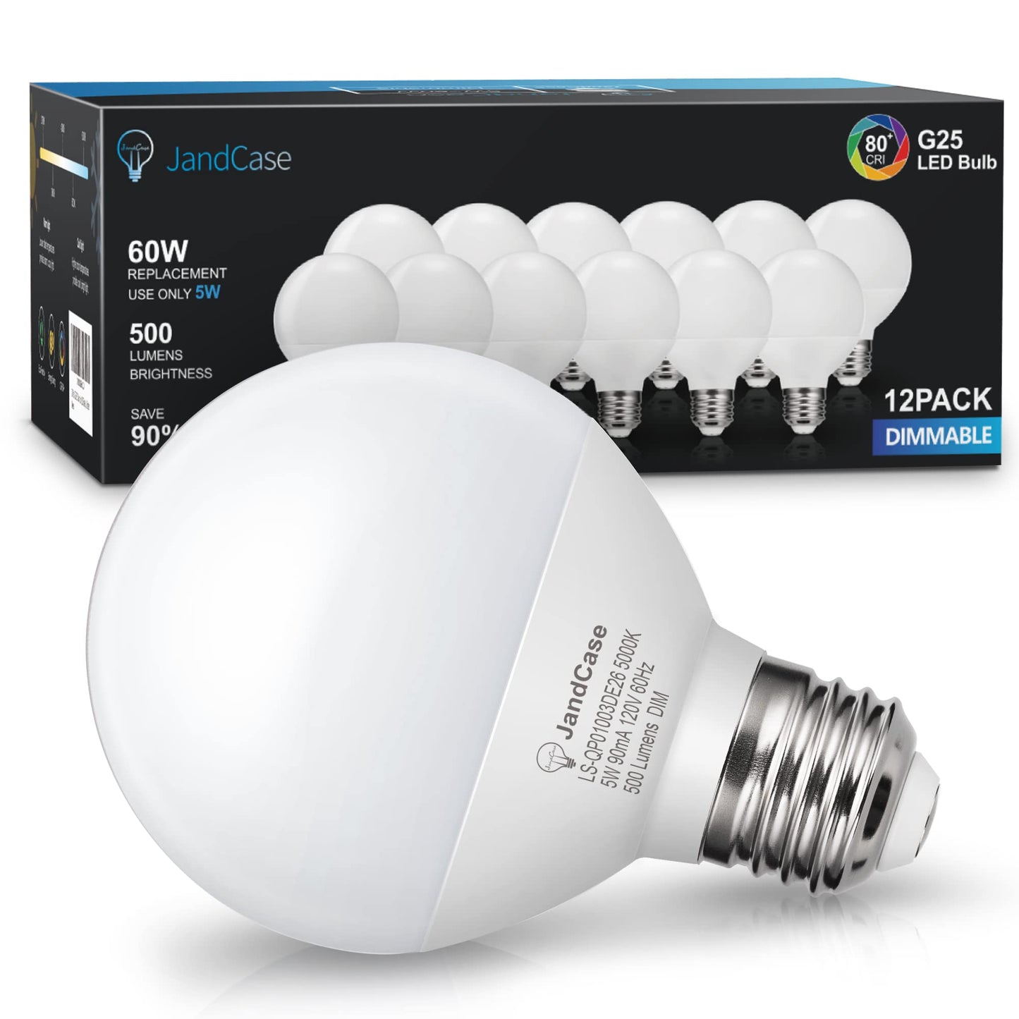 JandCase G25 LED Vanity Light Bulbs, Dimmable Globe, 5W(60W Equivalent), E26 Base, CRI 80, Daylight White 5000K, 500LM, UL Listed, 12 Pack