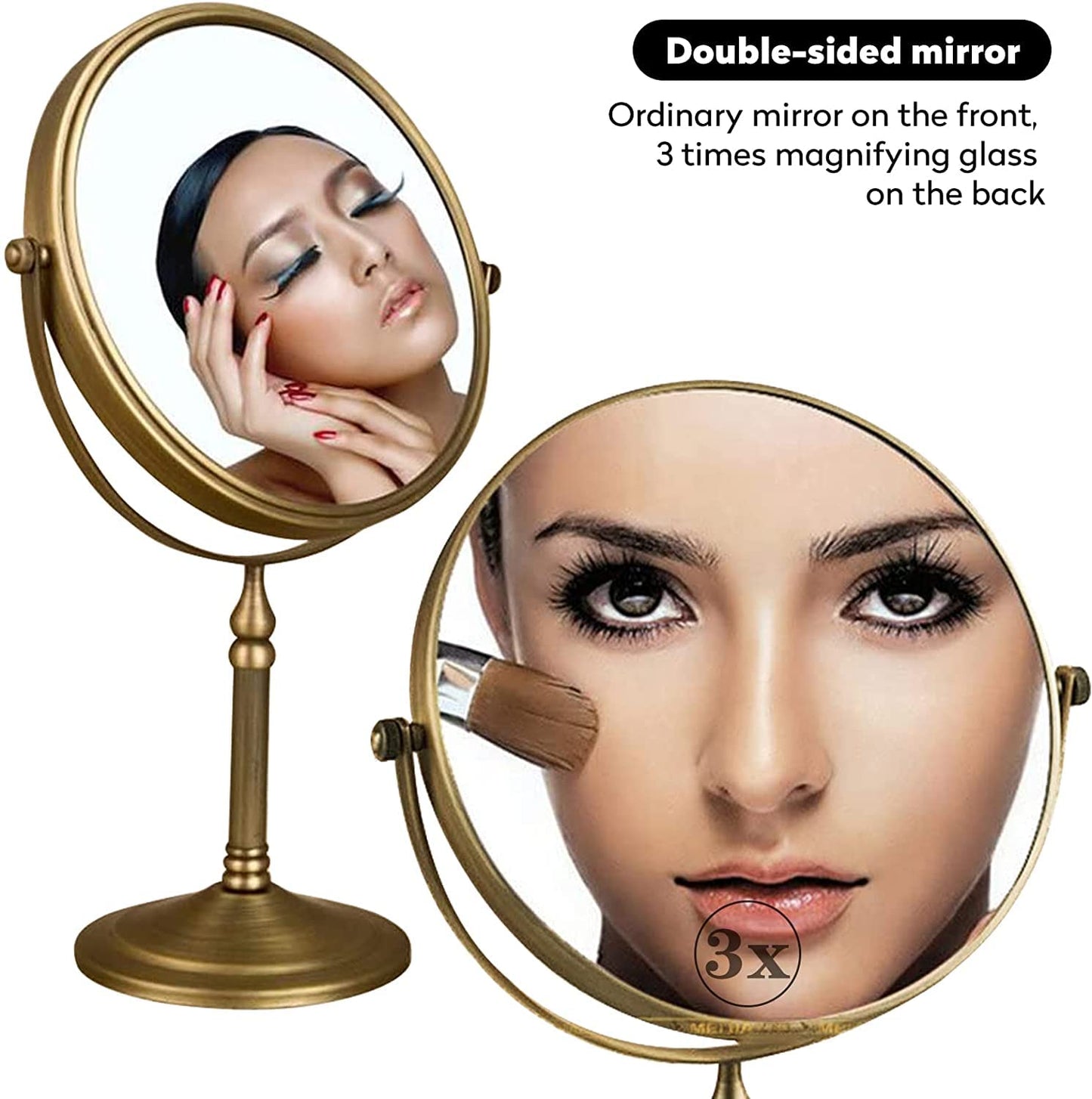 Leyden Antique Brass Makeup Mirror, 3X Magnifying Vanity Mirror Tabletop Double Side 7.8 Inch Bathroom Hardware Accessories