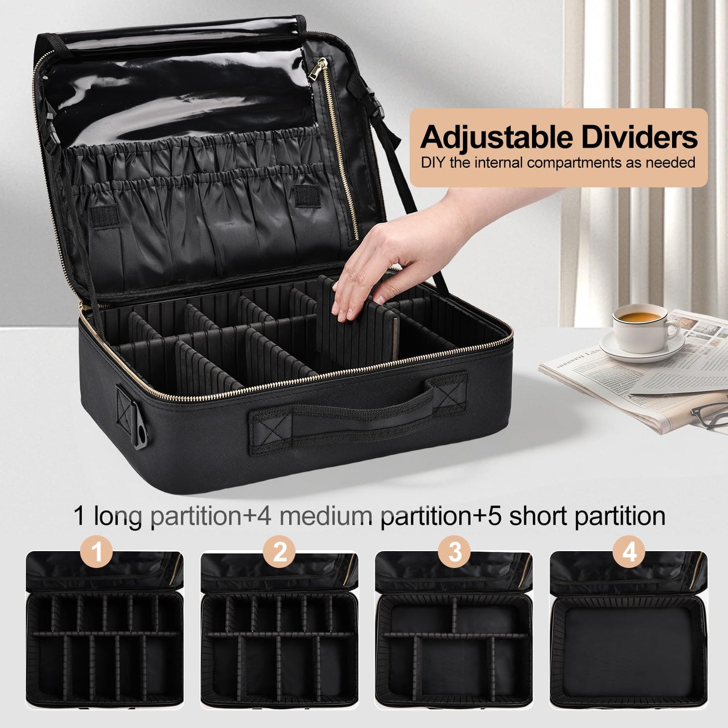 Travel Makeup Bag with Brush Holder, Professional Cosmetic Train Case Organizer, Portable Travel Makeup Brush Carry Case Artist Storage Box with Adjustable Dividers and Shoulder Strap, Leather Black