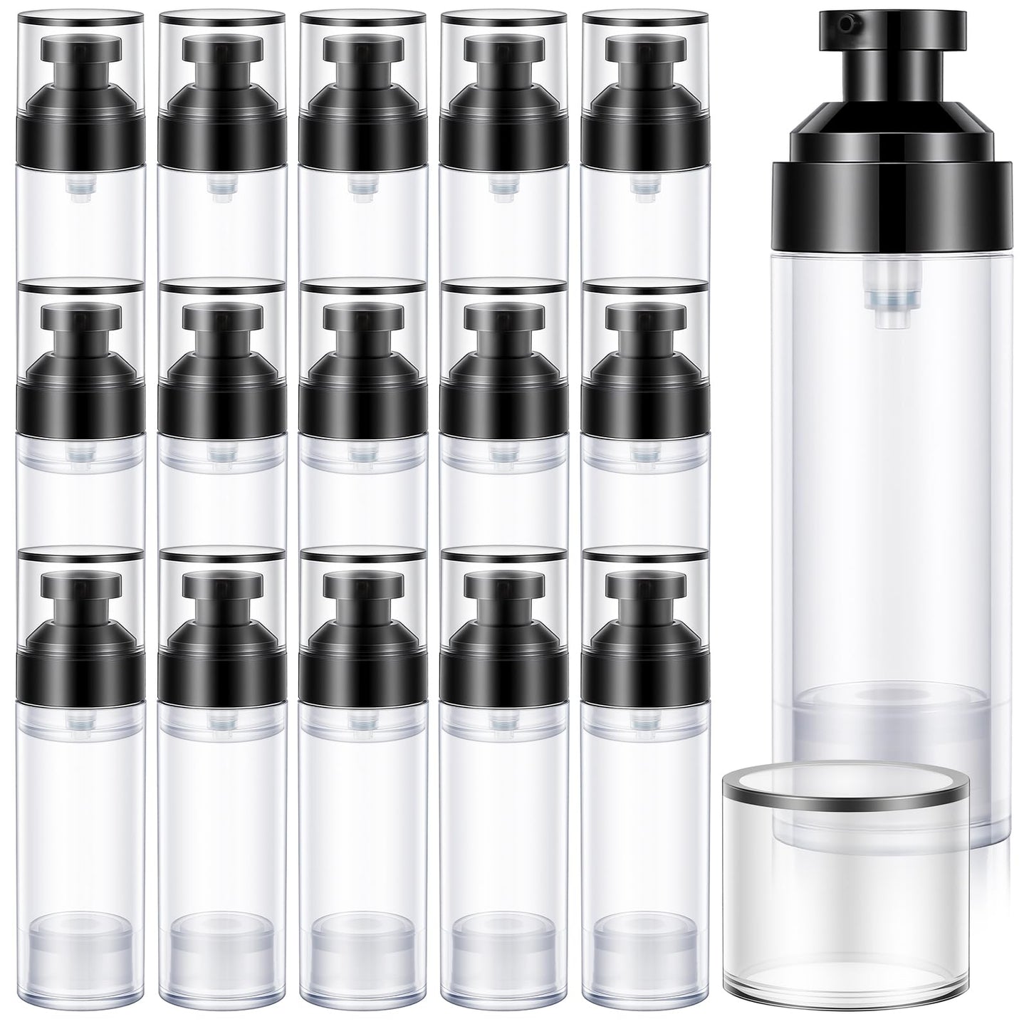 16 Pack Airless Pump Bottles, 1.7oz/50ml Empty Travel Toiletry Containers, Lotion Dispenser with Pump, Small Pumps Bottle for Toiletries Shampoo Lotion and Cream (Black)