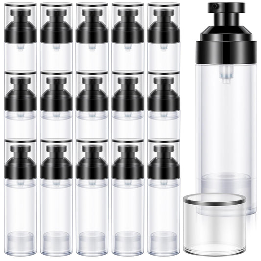16 Pack Airless Pump Bottles, 1.7oz/50ml Empty Travel Toiletry Containers, Lotion Dispenser with Pump, Small Pumps Bottle for Toiletries Shampoo Lotion and Cream (Black)
