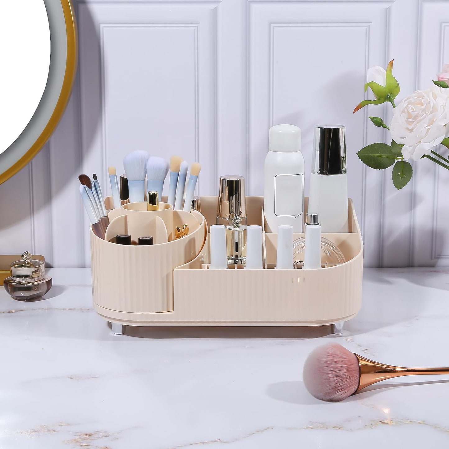 DASITON Large Capacity Makeup Organizer with 360° Rotating Makeup Brush Holder, Multi-Compartment Skincare and Cosmetic Storage for Vanity, Bathroom Countertop, Dresser, Desktop Storage Box (Cream)