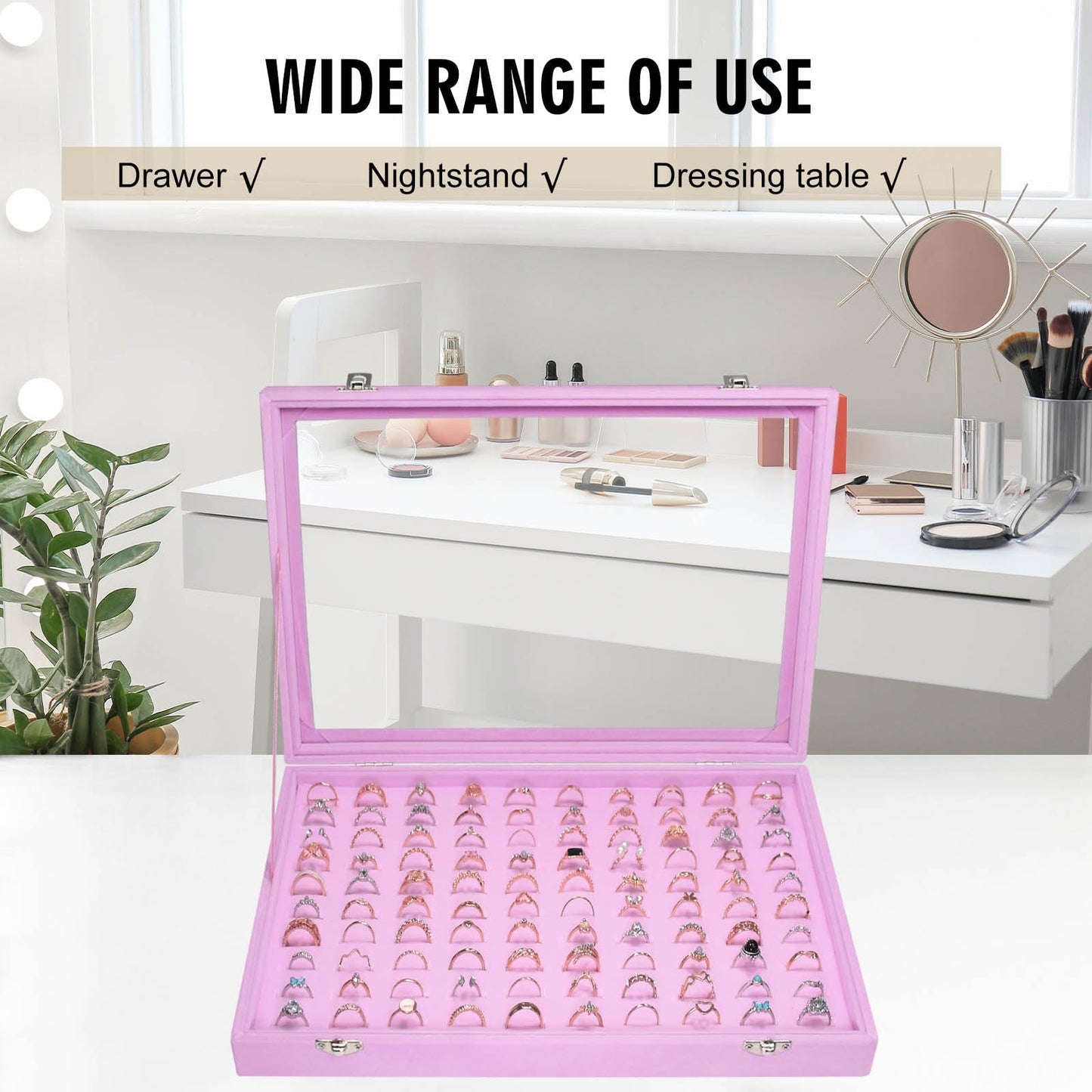 Siveit Velvet Ring Display Tray Organizer Box with Transparent Lid, 100 Slot Ring Holder Showcase For Store Display Jewelry Show Home, Pink