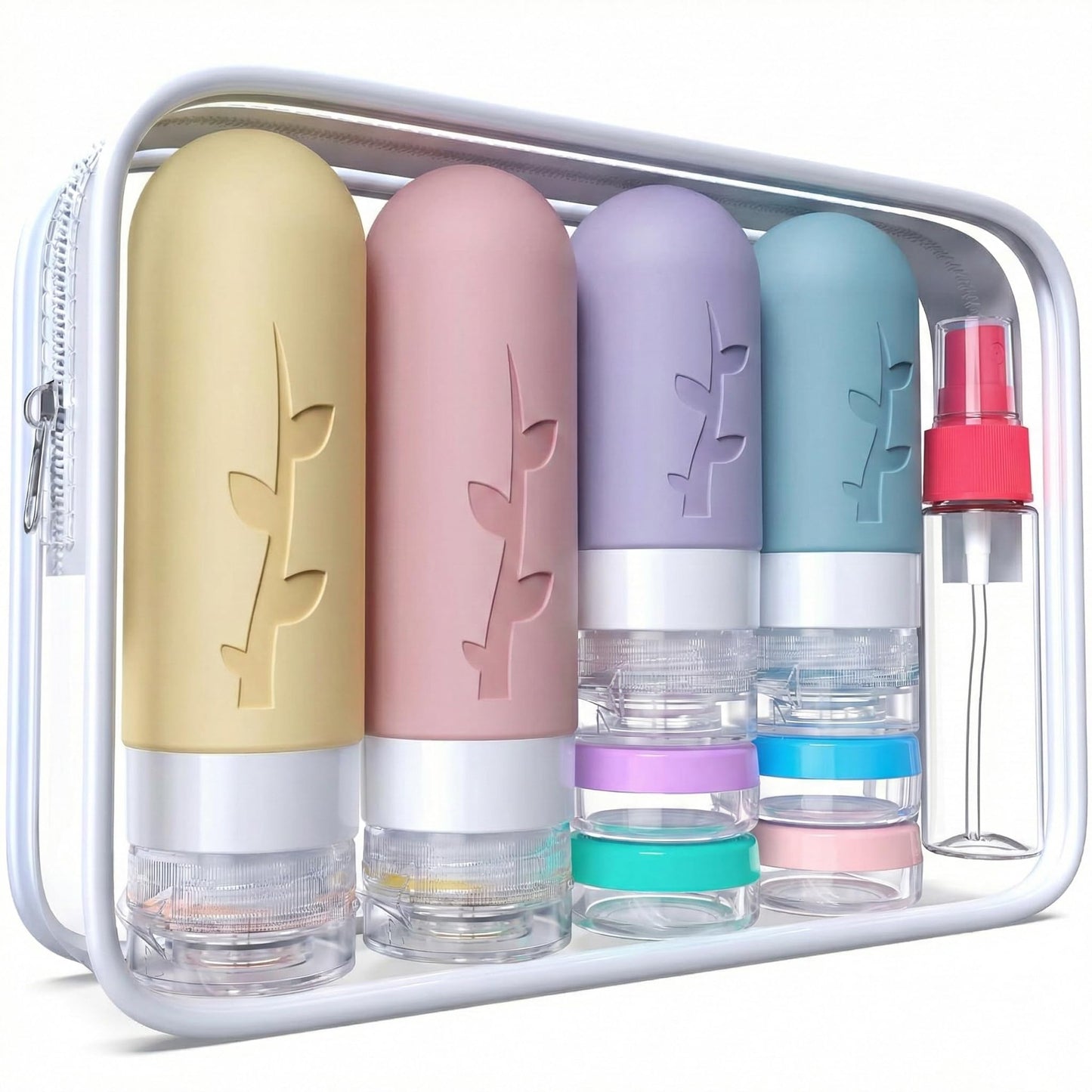 DEPOZA Travel Bottles Kit (16 Pack) - TSA Approved, Leak Proof Silicone Squeezable Containers for Toiletries. Complete Set with Jars, Sprayers & Bag (Light Purple)