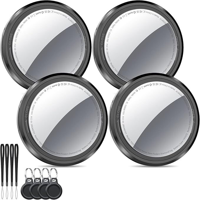 Air Tracker Tags-4 Pack Black | Bluetooth Tracker Work with Apple Find My (iOS Only), Smart Tag with Protective Case/Keychain/Lanyard, Item Finder for Luggage/Key/Suitcase, Replaceable Battery