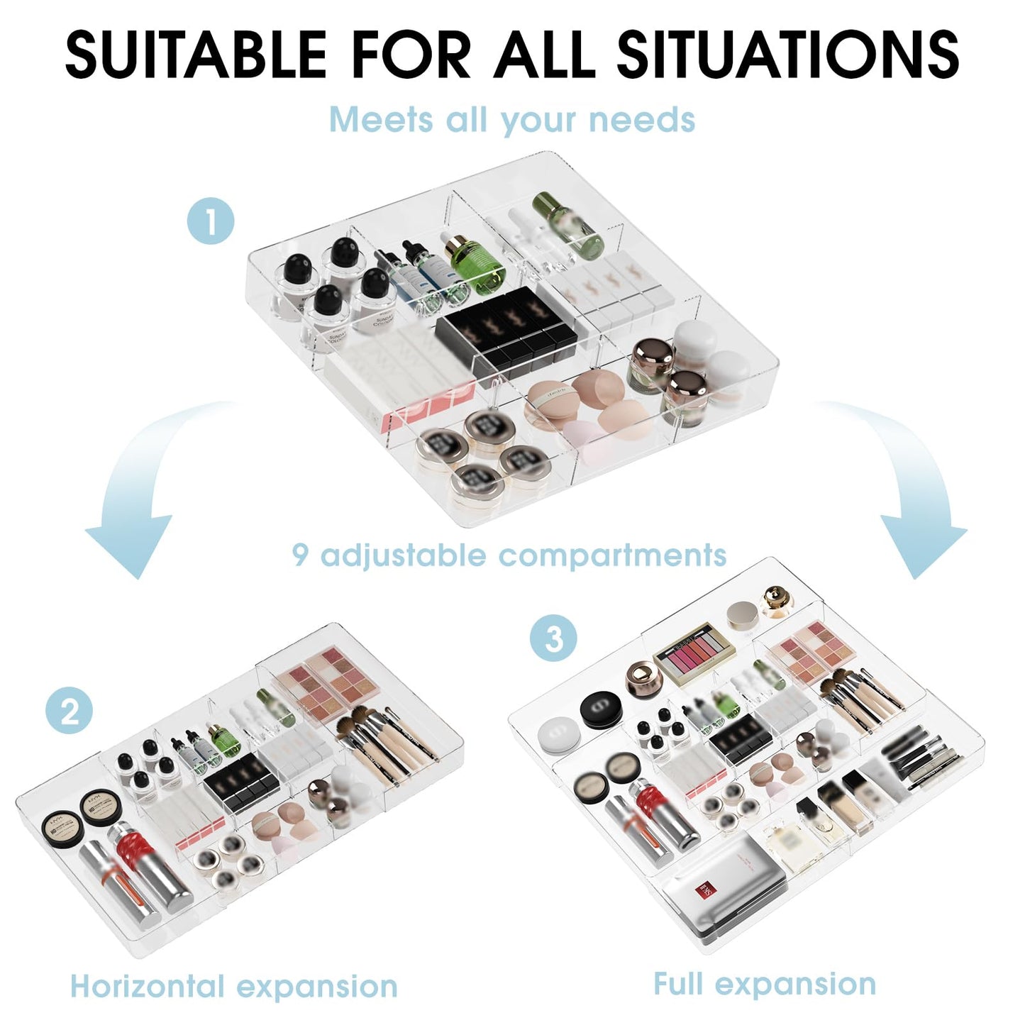 MIUOPUR Expandable Drawer Organizer, Width (10.6"-20.1") Depth (11"-20.1"), Clear Makeup Drawer Organizer with 6 Removable Dividers, Silverware Organizer, Great for kitchen and Bathroom Drawers
