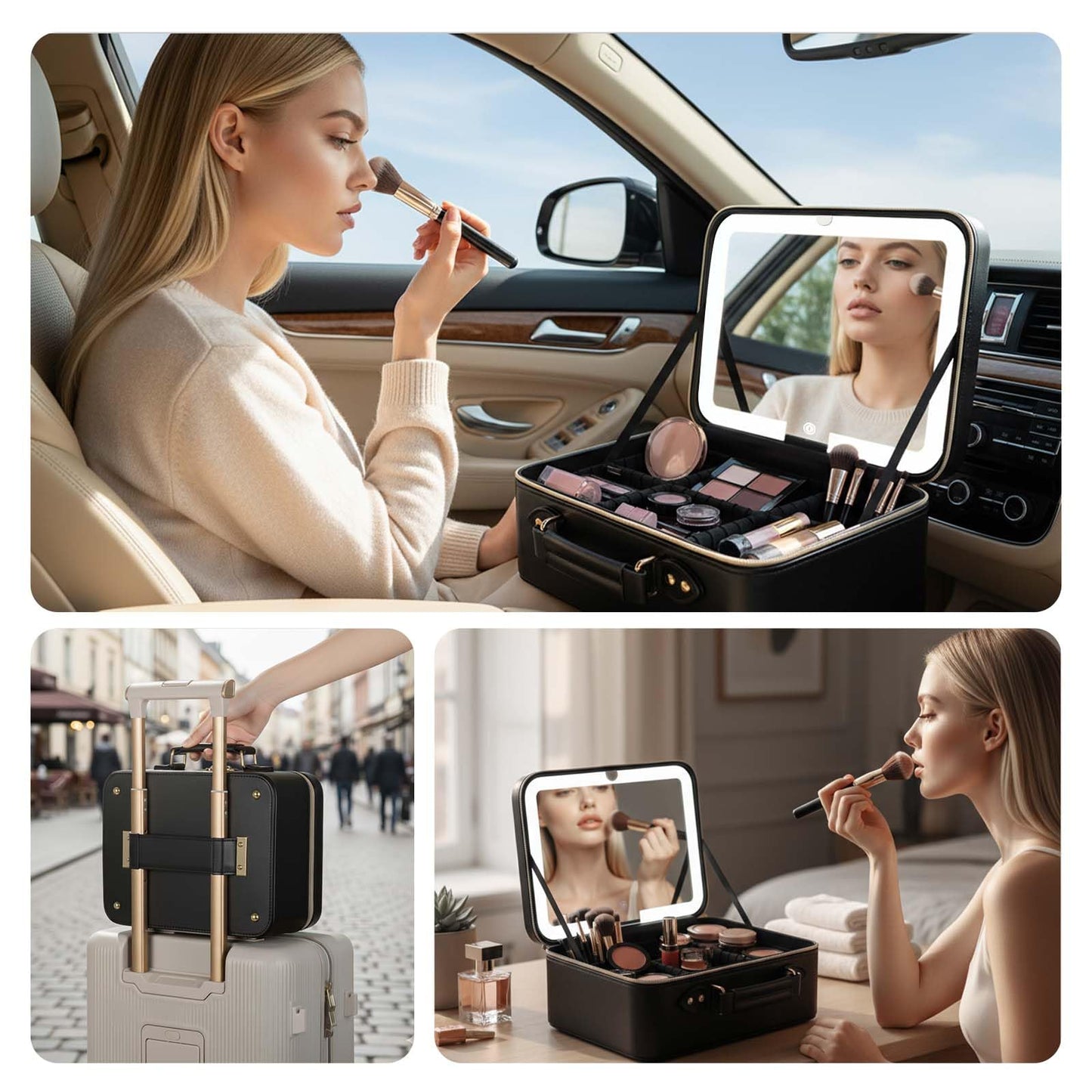 Prite Makeup Bag With LED Mirror 3 Light Modes Adjustable Brightness, Travel Cosmetic Train Case with Adjustable Dividers & Brush Holder, Portable Makeup Artist Organizer Bag for Women(Black)