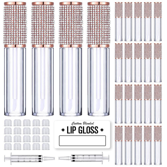 AMORIX 24 Pack Crystal Rhinestone Lip Gloss Tubes with Wand 5ml Empty Containers + Syringes + Labels