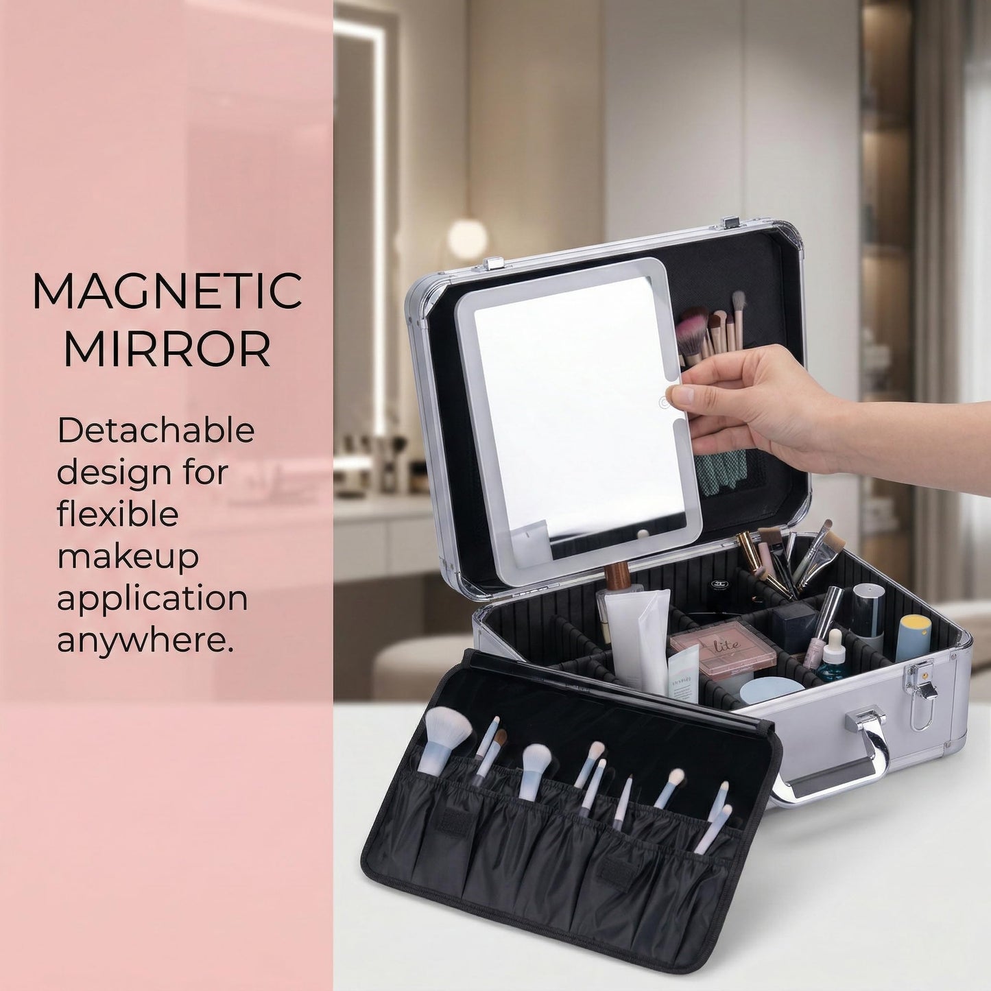 CHENGLIN Extra Large 15 inches Makeup Case with Lighted Mirror – Cosmetic Organizer with Adjustable Dividers, Magnetic LED Mirror, Portable Makeup Suitcase for Women (Silver)