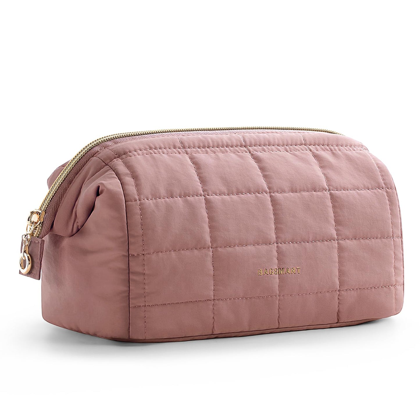 BAGSMART Makeup Bag Travel Toiletry Bag, Puffy Padded Make Up Bags for Women Makeup Organizer Case, Wide-open Pouch Purse Travel Essentials Toiletries Accessories Brushes, Dark Pink