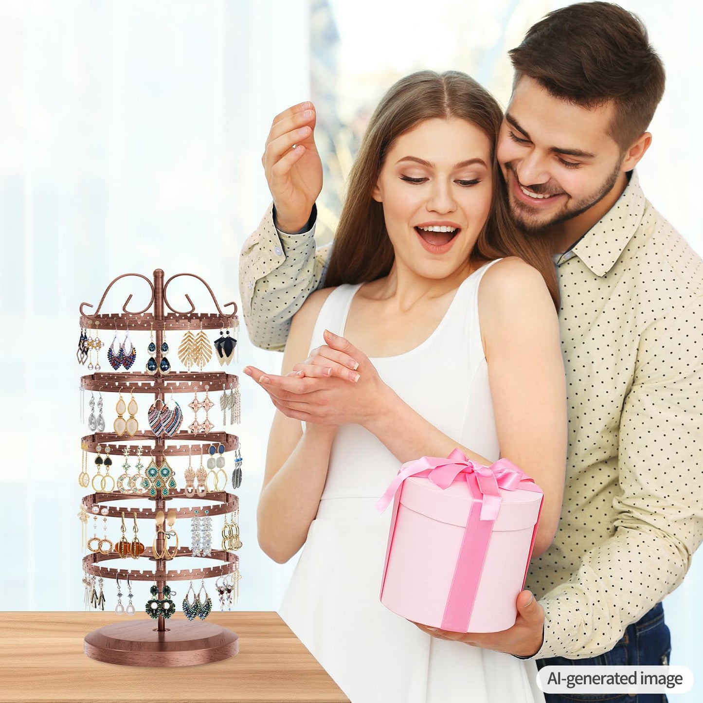 LASZOLA 5 Tier Bronze Earring Holder Organizer Tree Women Display Storage for Stud and Hoop, Large Cool Rotating Clip Stand for Pierced and Dangle Earring, Vertical Metal Tower Carousel with 400 Holes