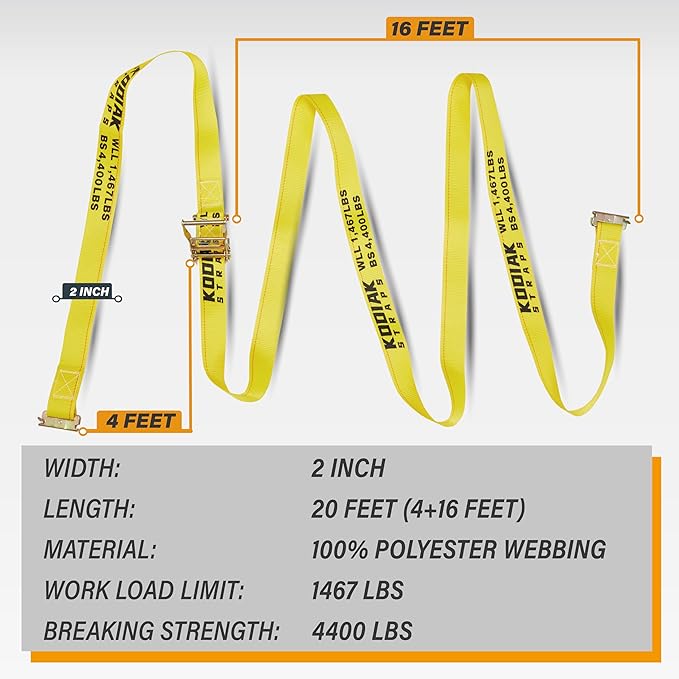 4 Pack E-Track Ratchet Straps 2" x 20' x 4,400 lbs Strength for Cargo Tie Down in Enclosed Trailer & Van by KODIAK STRAPS