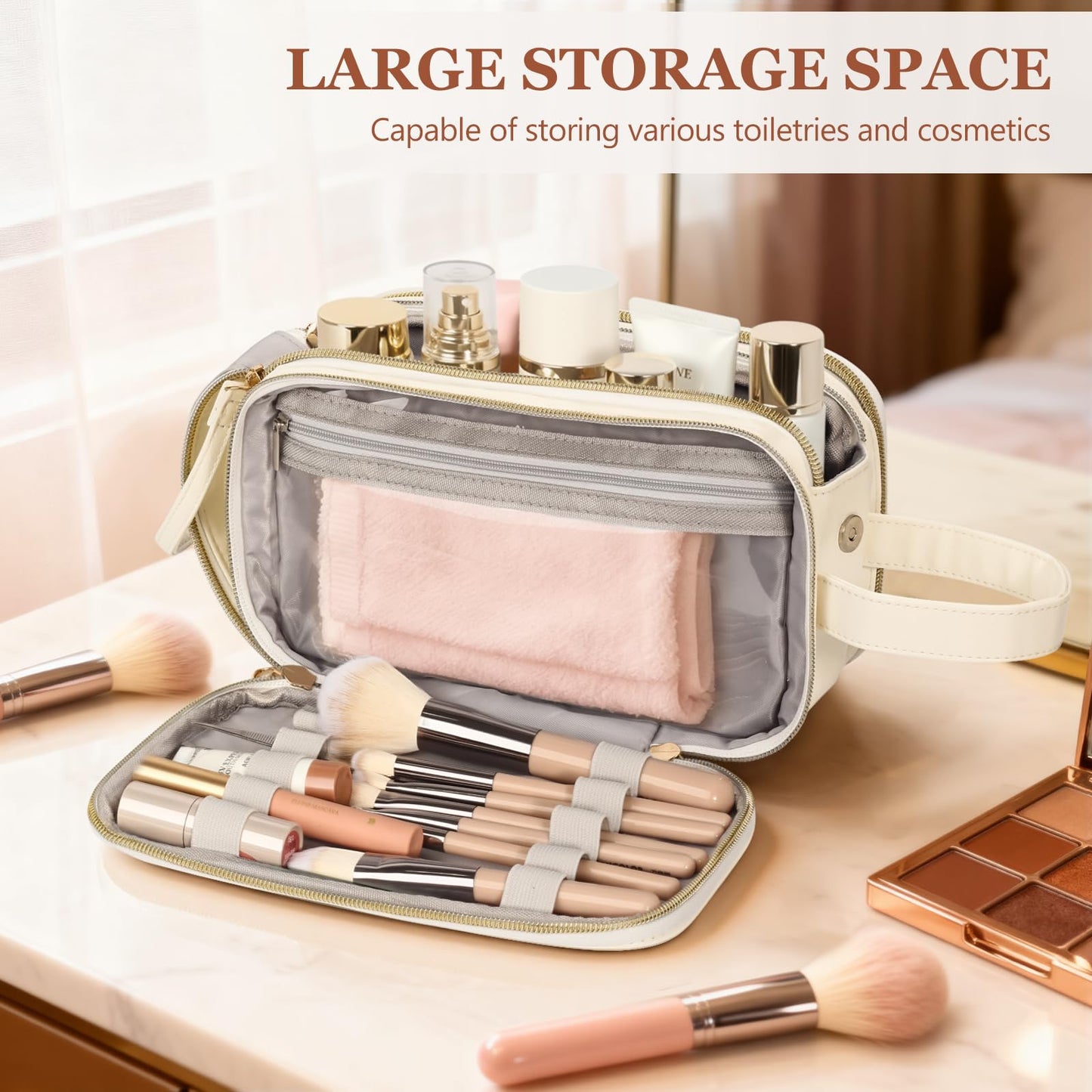Makeup Bag for Women,Large Capacity Makeup Organizer with Multiple Compartments,Water-Resistant Portable Cosmetic Bag Travel Makeup Pouch,Make up Case Gifts for Mother's Day Women Birthday,White- C