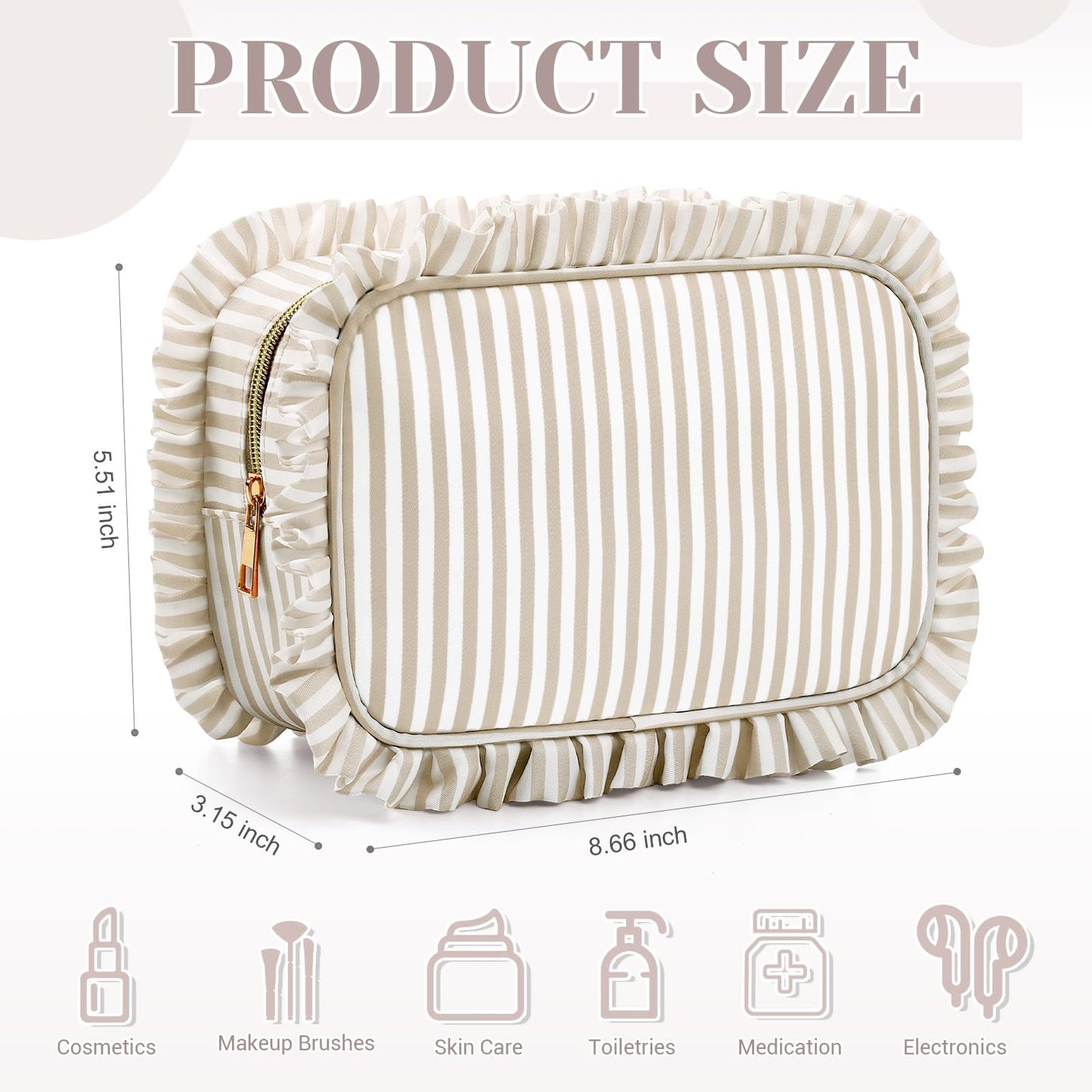 Kigeli Ruffle Makeup Bag Preppy Makeup Pouch Large Travel Cosmetic Bag Nylon Waterproof Toiletry Make up Organizer for Women(Striped,Khaki)