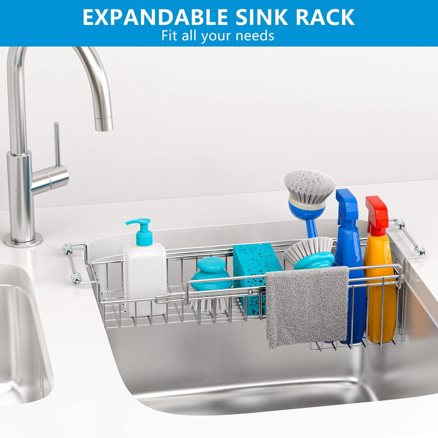 FavoThings Over The Kitchen Sink Caddy Sponge Holder Organizer Drying Rack Expandable for Sponge Brush Soap Dish Cloth Rag Smaller 14.5" to 22", Stainless Steel