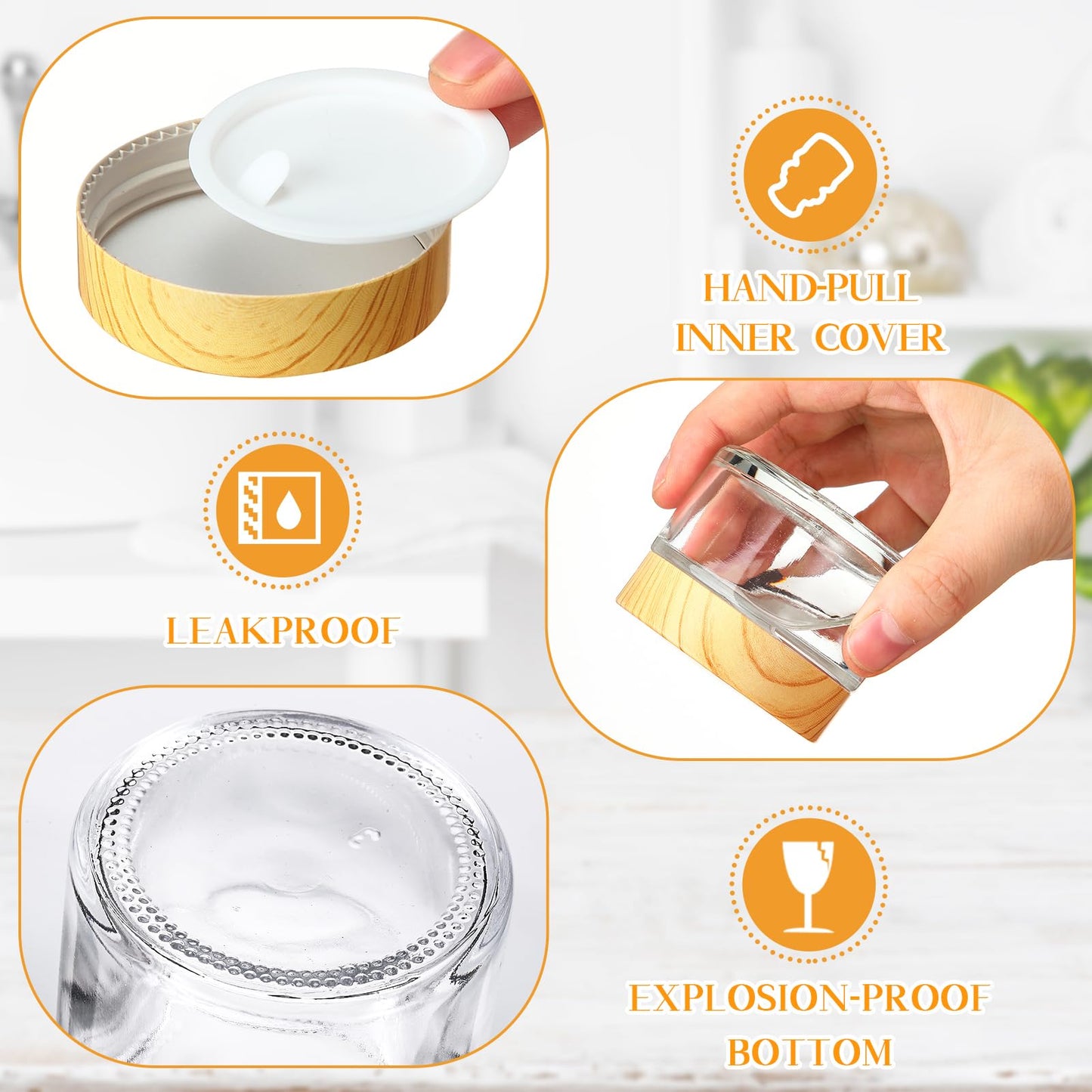 Layhit 48 Pcs 50 ml Cosmetic Glass Jars with Lids 1.69 oz Small Jars with Plastic Woodgrain Lids, White Labels and Inner Liners Empty Round Cosmetic Containers for Creams Lotions Powder