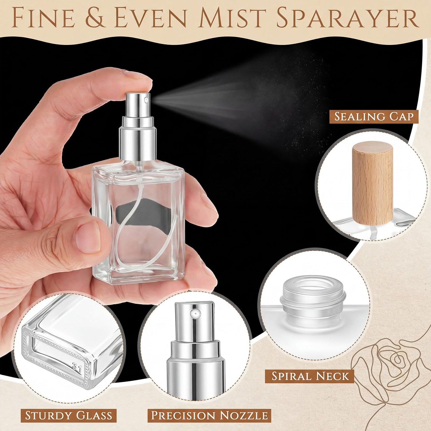 Domensi 30 Pcs 10/15/30/50 ml Glass Square Perfume Bottles Mini Glass Empty Spray Atomizer Bottles Bulk Refillable Perfume Dispenser Container with Pump Tool for Travel (15 ml,Light Woddy Color)