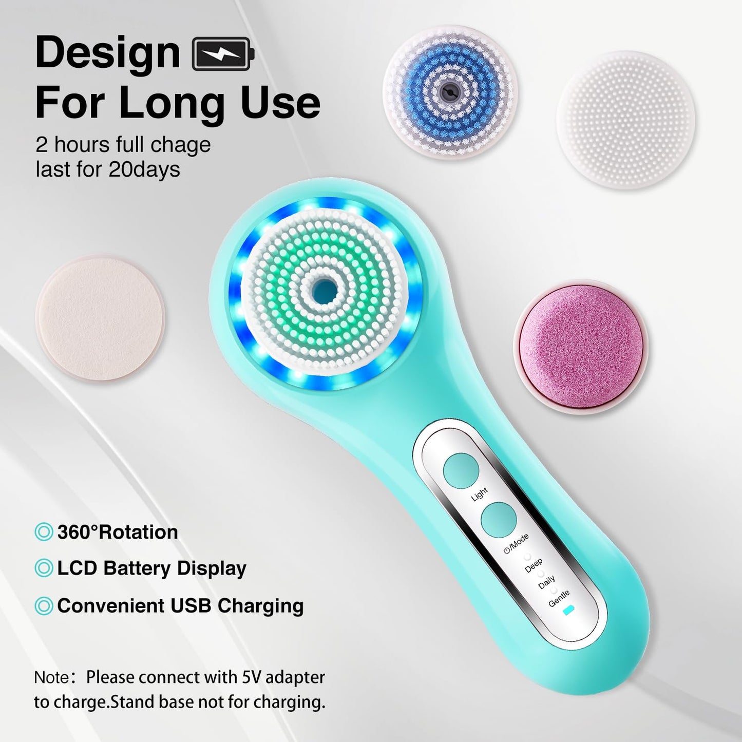 UMICKOO Electric Facial Cleansing Brush, 2-Way Rotating Face Scrubber for Daily & Deep Cleaning, 3 Modes, 5 Brush Heads, Rechargeable, IPX7 Waterproof for All Skin Types