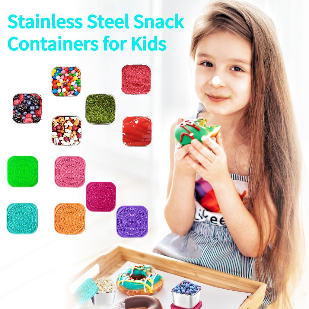 HTEVW 6 Pack Stainless Steel Snack Containers for Kids, 6 oz Toddler Snack Containers with Silicone Lids, Reusable Leak Resistant Food Containers for School Lunch, Daycare, Travel & Portion Control