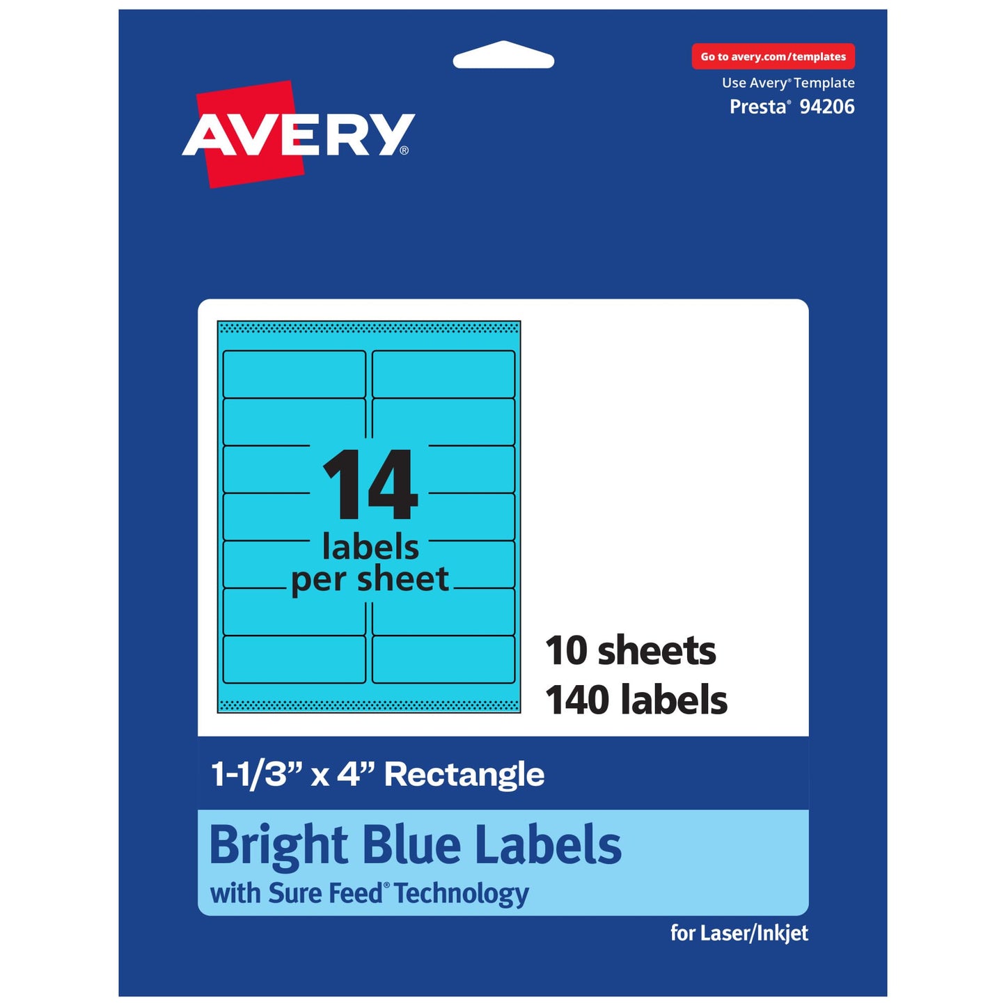 Avery Printable Rectangle Labels, Sure Feed Technology, 1-1/3" x 4", Bright Blue Labels, Laser/Inkjet Printable, 140 Total, Great for Mailing and Packaging
