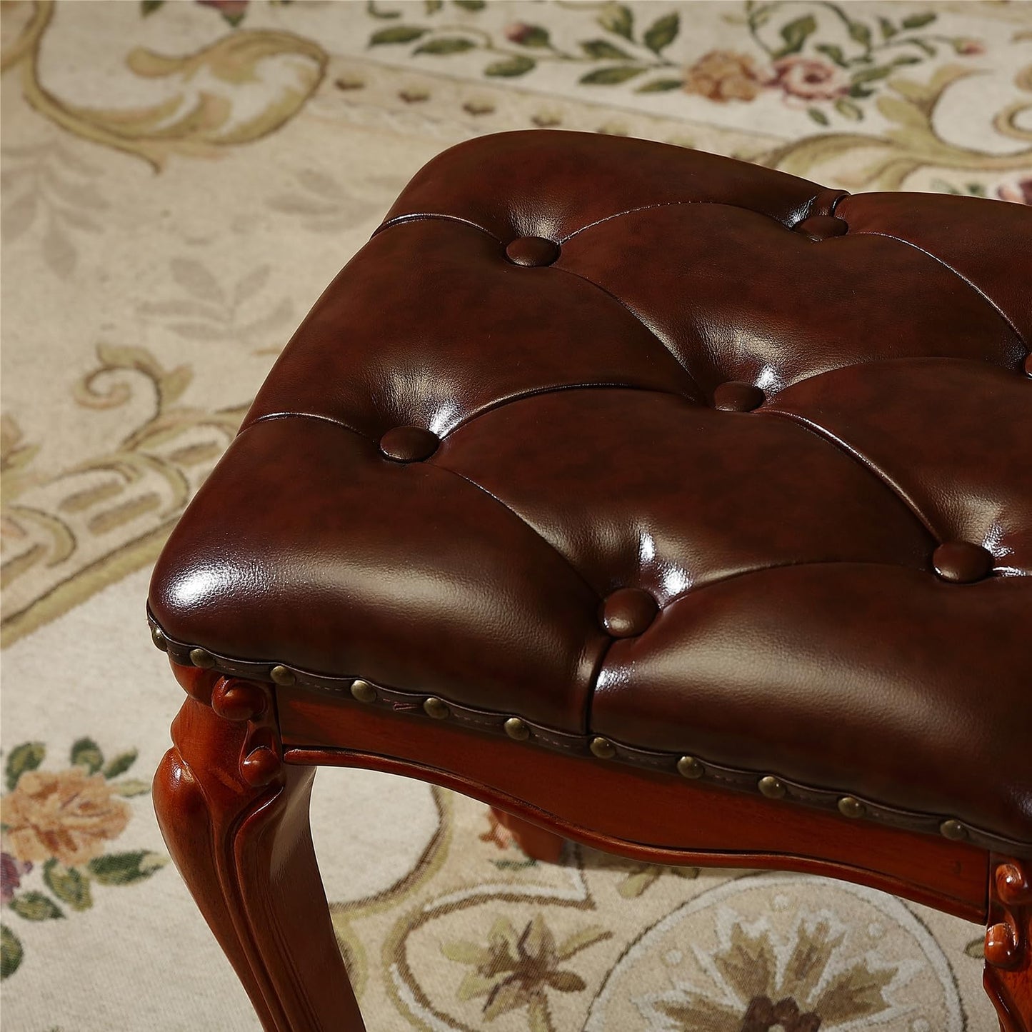 KIVSON Vanity Bench with Nailhead Trim, Piano Bench, or Desk Stool with Microfiber Leather Upholstery for Bedrooms, Dining Rooms, Cloakrooms, or Piano Rooms (Retro Brown)