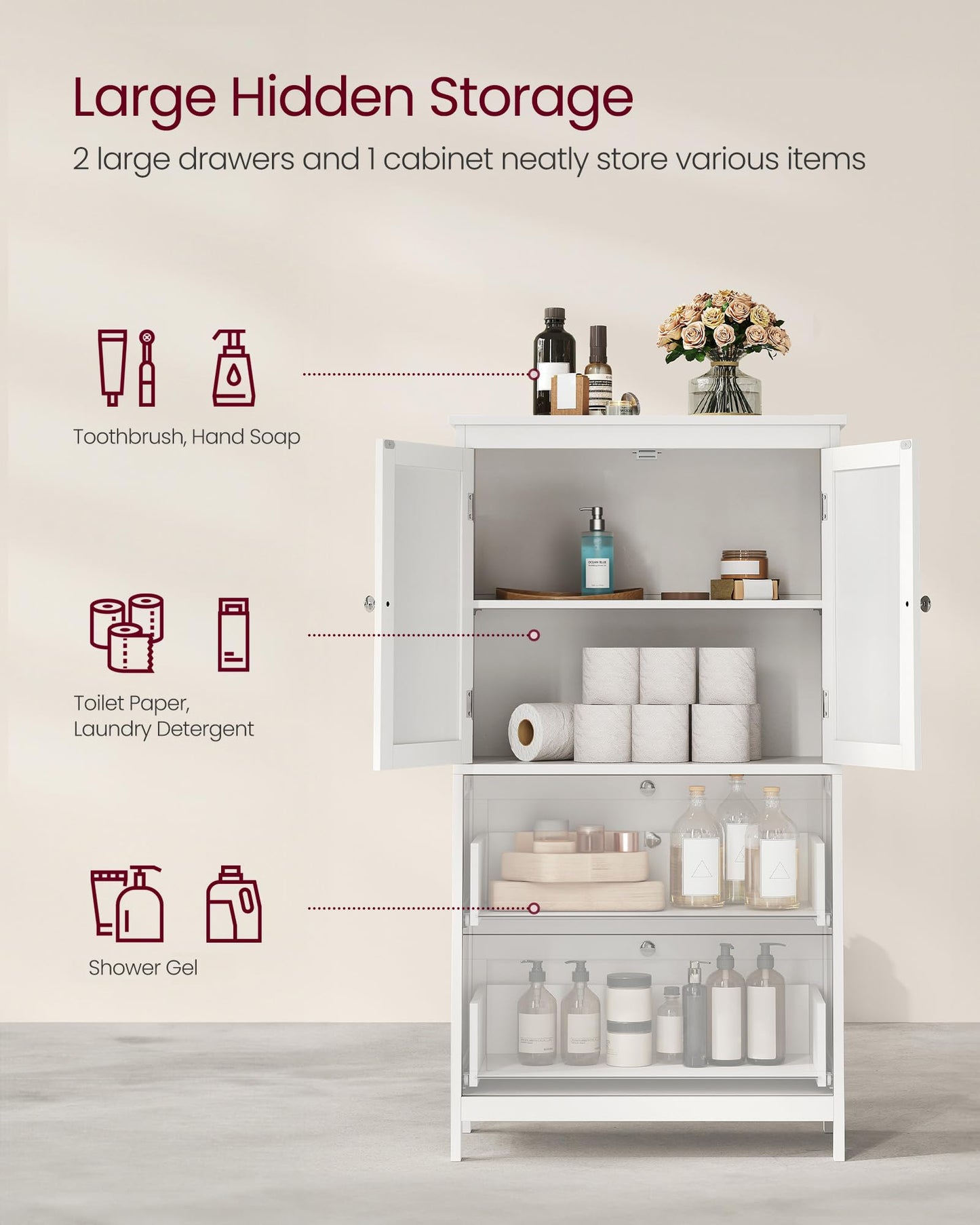 VASAGLE Bathroom Floor Storage Cabinet, Bathroom Storage Unit, Freestanding Cabinet with 2 Drawers and 2 Doors, Adjustable Shelf, 11.8 x 23.6 x 43.3 Inches, White UBBC551WH01S