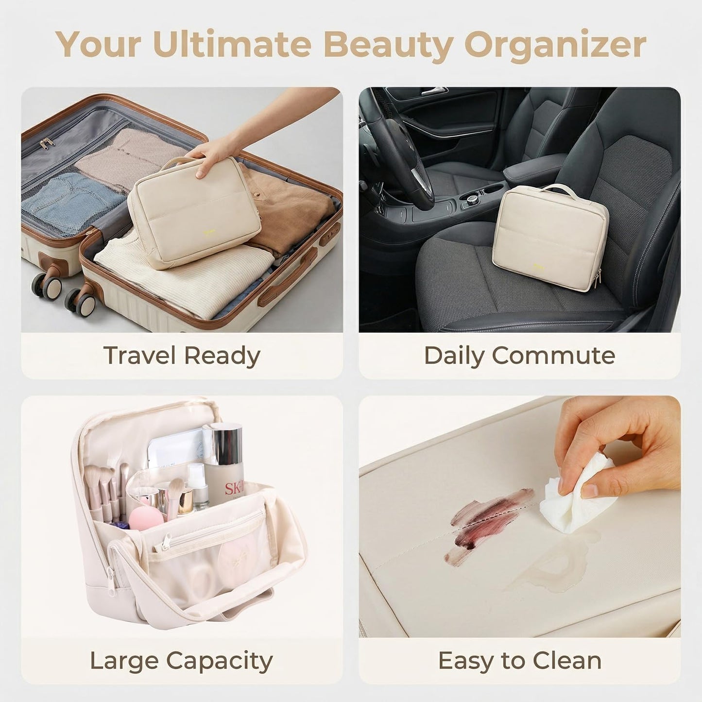 Wnnideo Makeup Bag and Makeup Brush Case Set,Large Capacity Cosmetic Bags for Women,Portable Toiletry Bag Free-Standing Brush Holder for Easy Access (Cosmetic Bag + Brush Holder) (Creamy)