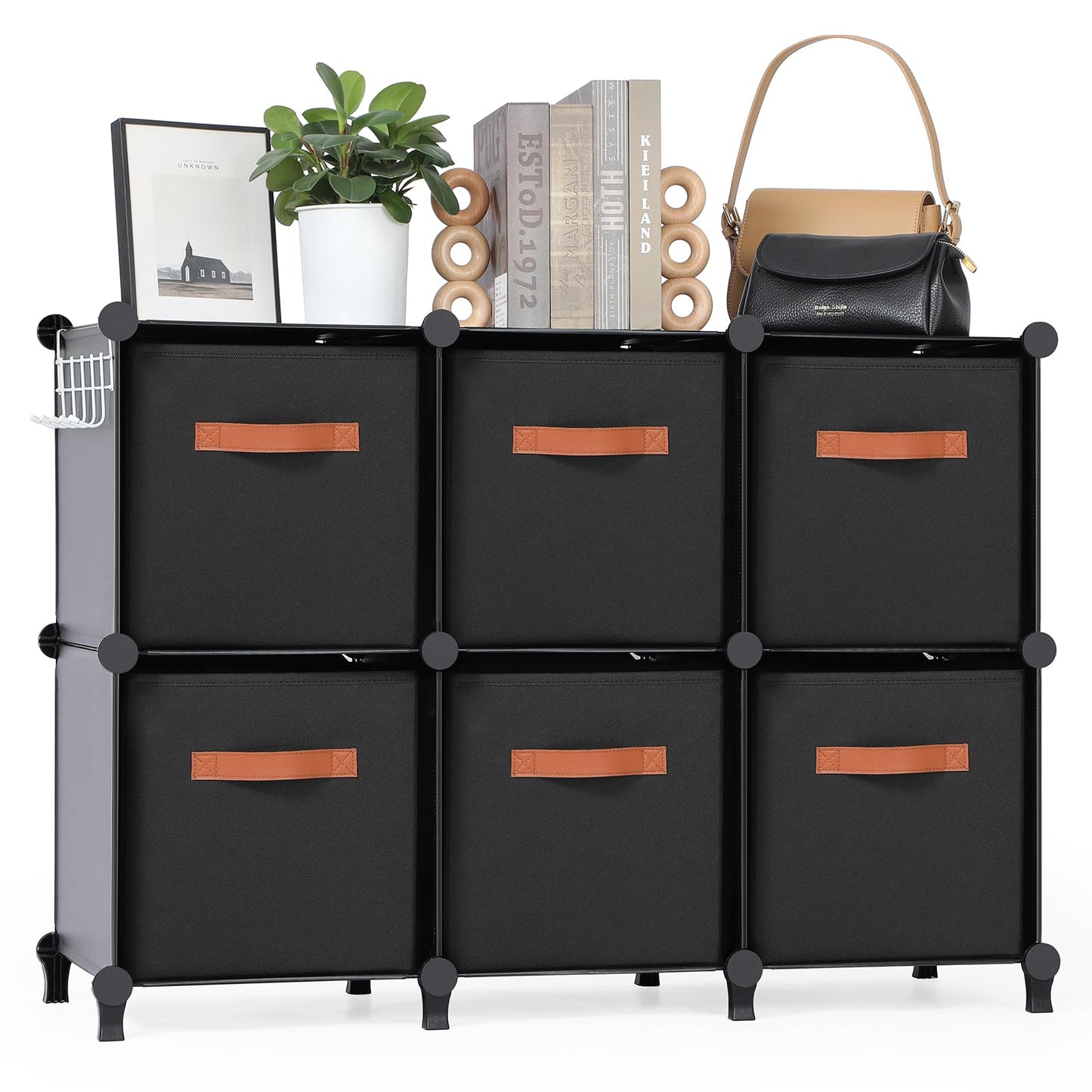 Snuvid Cube Storage Organizer with Storage Bins, 6-Cube Shelves Units with 6 Organizer Bins, DIY Plastic Storage Shelves with Mallet, Closet Clothes Storage Shelves for Home, Bedroom, Living Room