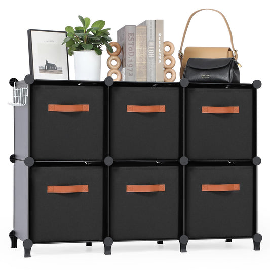 Snuvid Cube Storage Organizer with Storage Bins, 6-Cube Shelves Units with 6 Organizer Bins, DIY Plastic Storage Shelves with Mallet, Closet Clothes Storage Shelves for Home, Bedroom, Living Room