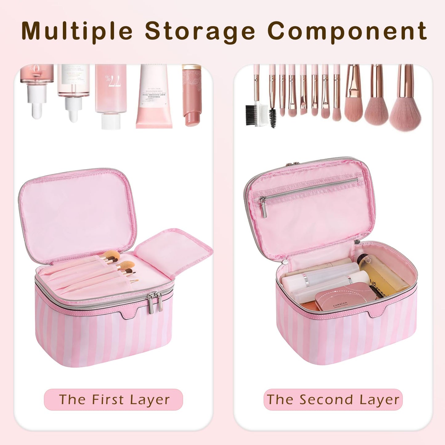 RSRSLEII Large Waterproof Double Layer Travel Makeup Bag, Aesthetic Nylon Striped Cosmetic Case，Coquette Traveling Toiletry Bag With Handle，Ideal for Women and Girls(01Top Open)