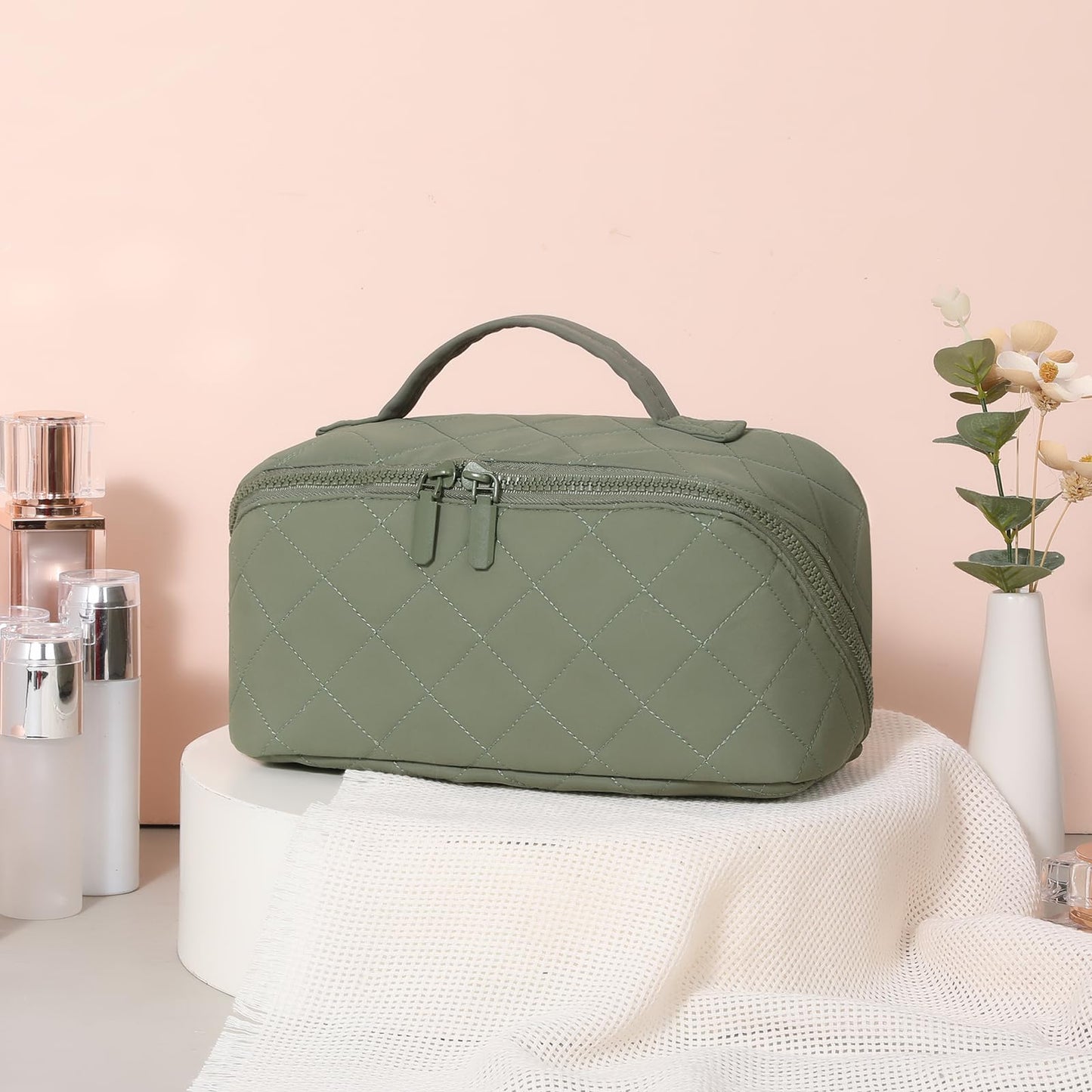 AMXNX Makeup Bag for Woman Quilted Puffer Cosmetic Bags Travel Organizer Large Capacity Wide-open Pouch Toiletry Bag Set