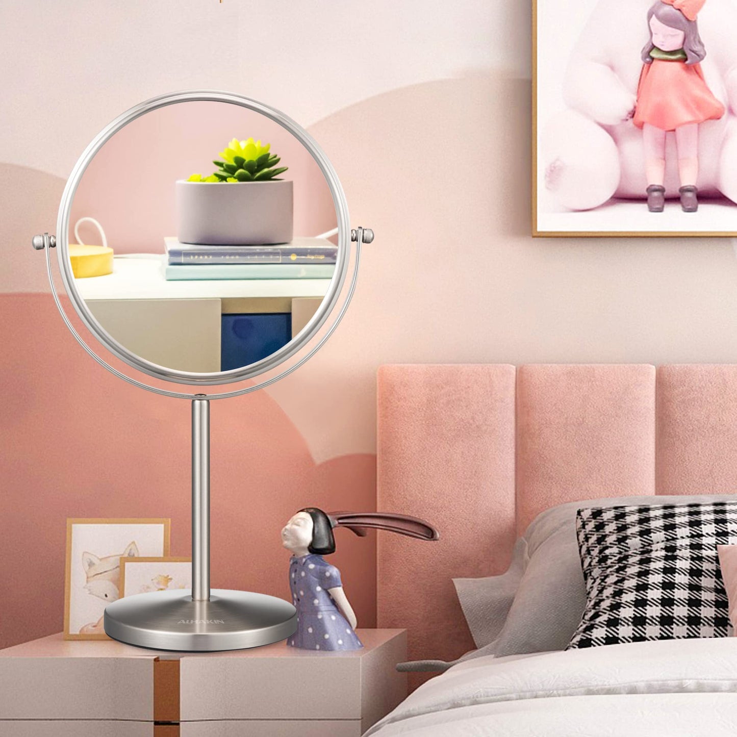 ALHAKIN 10x Magnifying Makeup Mirror, 8 Inch Tabletop Mirror with 1X/10X Magnification Double Sided, Standing Bathroom Makeup Mirror for Desk, Nickel