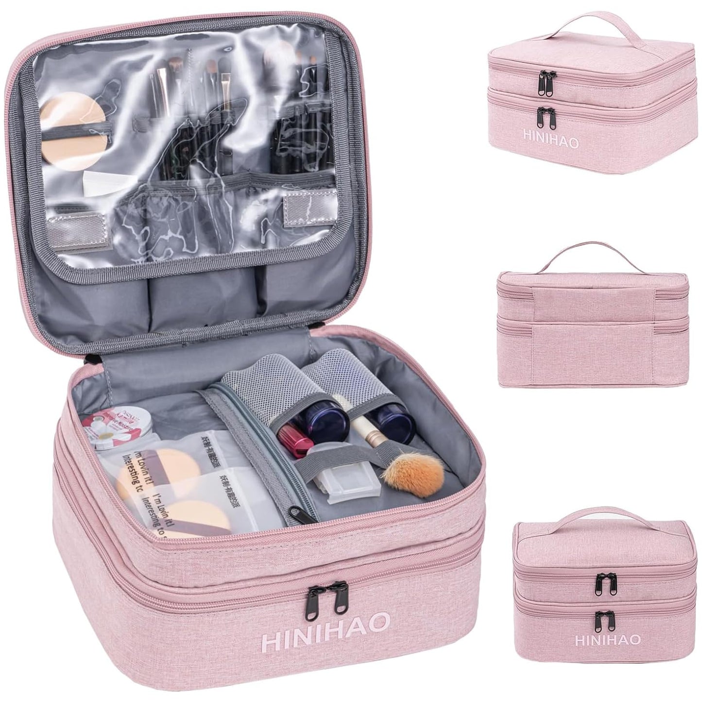 FAYYGYH Makeup Bag, Portable Cosmetic Bag, Travel Makeup Organizer With Handle and Divider, Double Layer Large Organizer Bag, Adjustable Dividers and Brush Organize area- Pink (makeup bag-small)