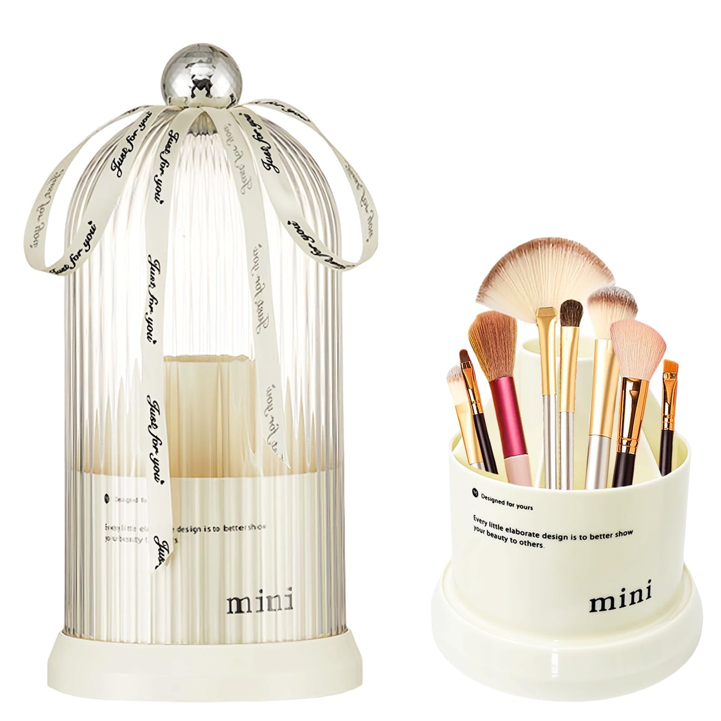 JIANGLAI Makeup Brush Holder with Lid, 360° Rotating Multifunction Clear Dustproof Skincare Cosmetic Tools Storage Organizer for Vanity Desktop Bathroom Countertop (White)