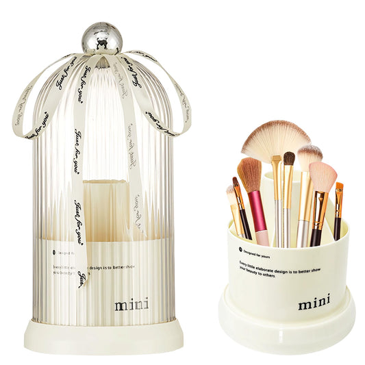 JIANGLAI Makeup Brush Holder with Lid, 360° Rotating Multifunction Clear Dustproof Skincare Cosmetic Tools Storage Organizer for Vanity Desktop Bathroom Countertop (White)