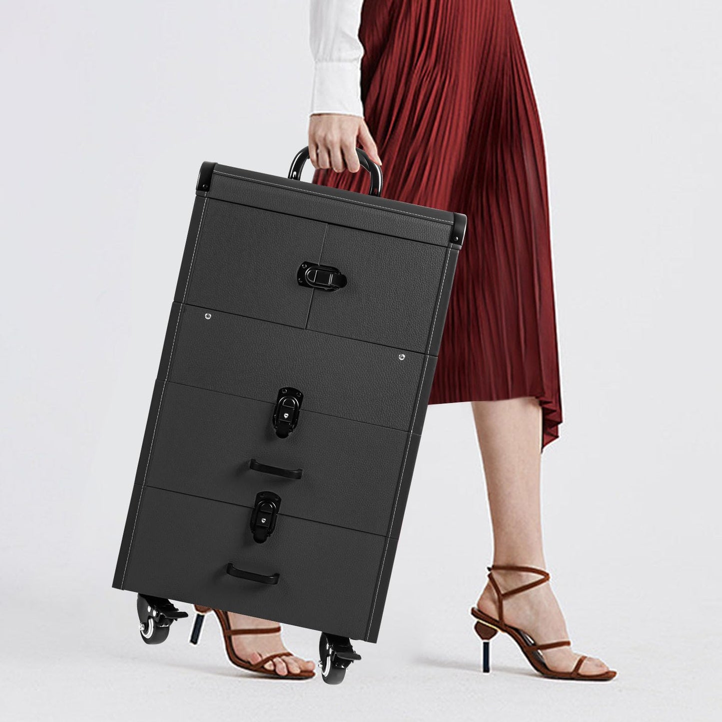 Lockable Rolling Makeup Train Case, 14.57*9.45*25.98in 3 In 1 Rolling Makeup Case Portable Cosmetic Organizer Trolley Large Make Up Cosmetic Orgainzer with Locks for Makeup Artists Hairdressers