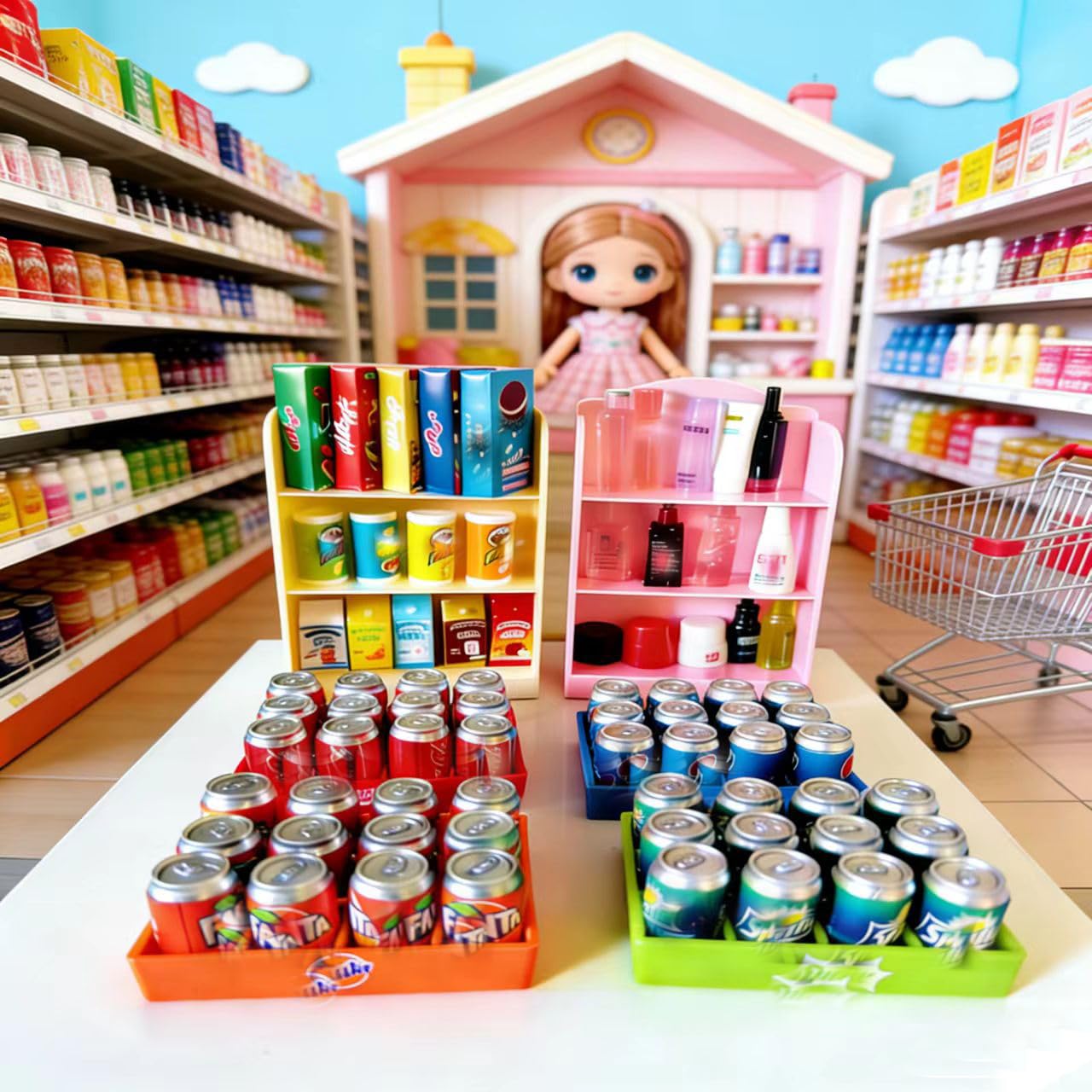 151Pcs Miniature Supermarket Shelves Furniture Model Food Drink Fruit Cosmetics Doll House Store Storage Bookshelf Accessories 3 Layers Shelf Display Rack Mini Locker Cash Register Cosplay Game Party