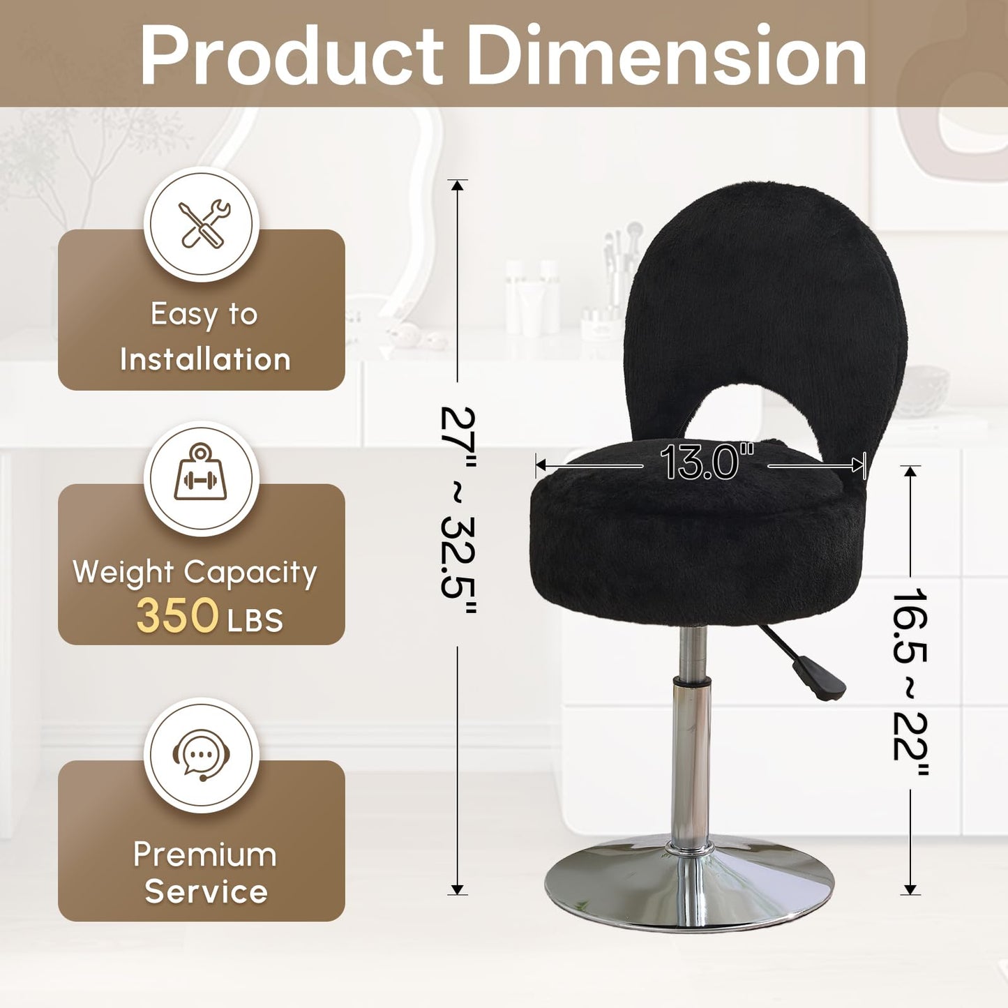 RUCUKEN Small Black Vanity Stool Chair with Storage Ottoman Adjustable Vanity Chair with Folding Back, Makeup Ottoman Stool for Vanity Chrome Finish