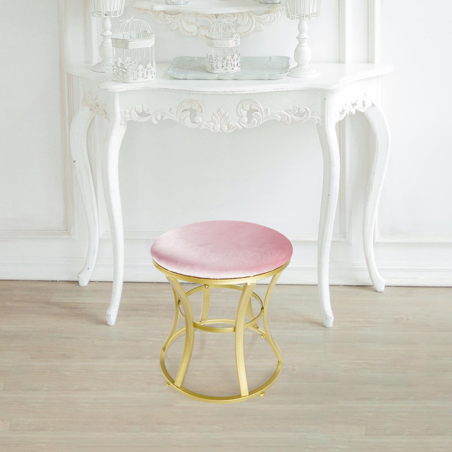 Ellensamqi Velvet Round Vanity Stool Chair,Pink Velvet Footrest Ottoman Foot Stool Seat with Golden Metal Legs,Makeup Chair for Bathroom Vanity,Bedroom,Living Room