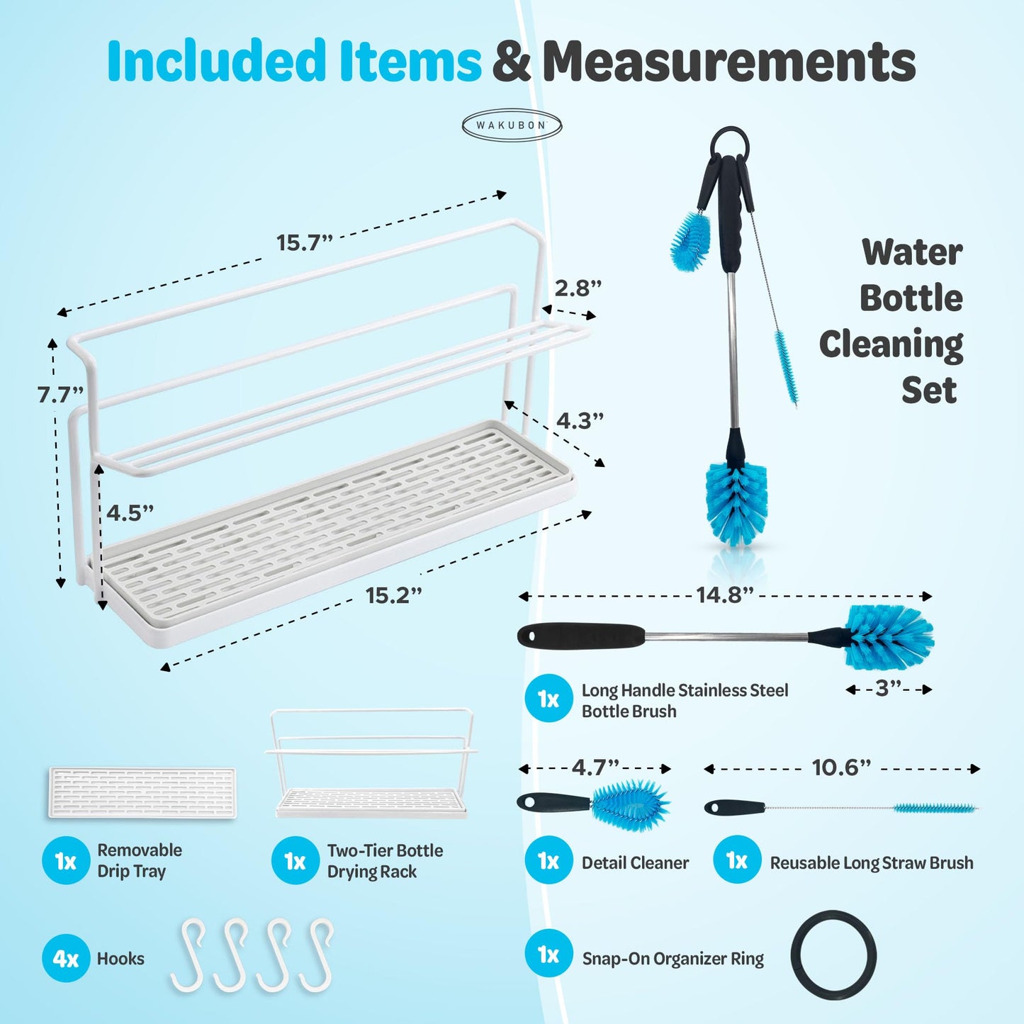 WAKUBON Water Bottle Drying Rack for Kitchen Counter – Cup Drying Rack, Tumbler, Mug & Glass Drying Rack Drying Rack, 2 Tier with Drain Tray and Cleaning Brush Set (White)