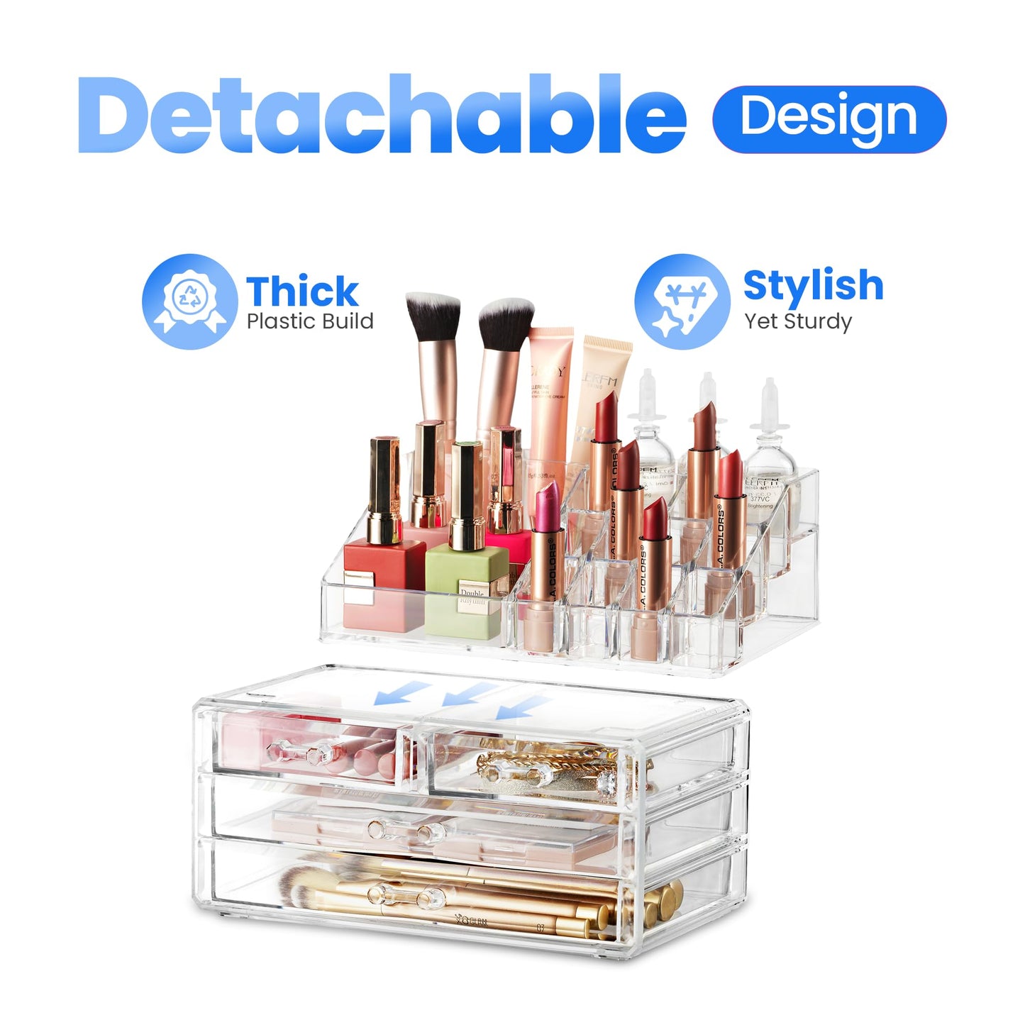 Masirs Clear Makeup Organizer - 16-Compartment Cosmetic and Jewelry Holder with 4 Drawers - Vanity Storage Box for Makeup, Skincare, Accessories, and Jewelry Display