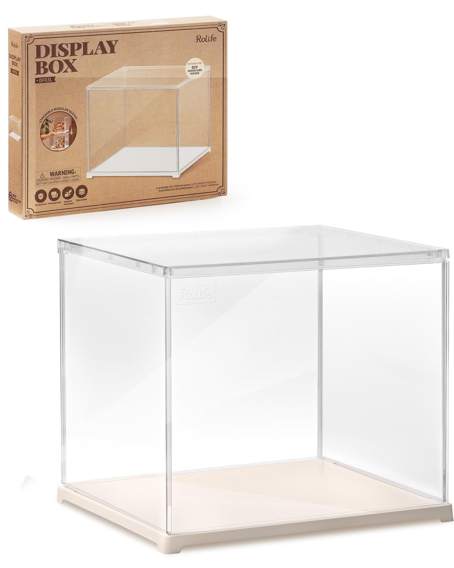Rolife Clear Acrylic Display Case for Hobby Collectibles, Easy Assemble Dust Cover Showcase Clear Storage Bins, Stackable Storage Plastic Box with Plastic Base