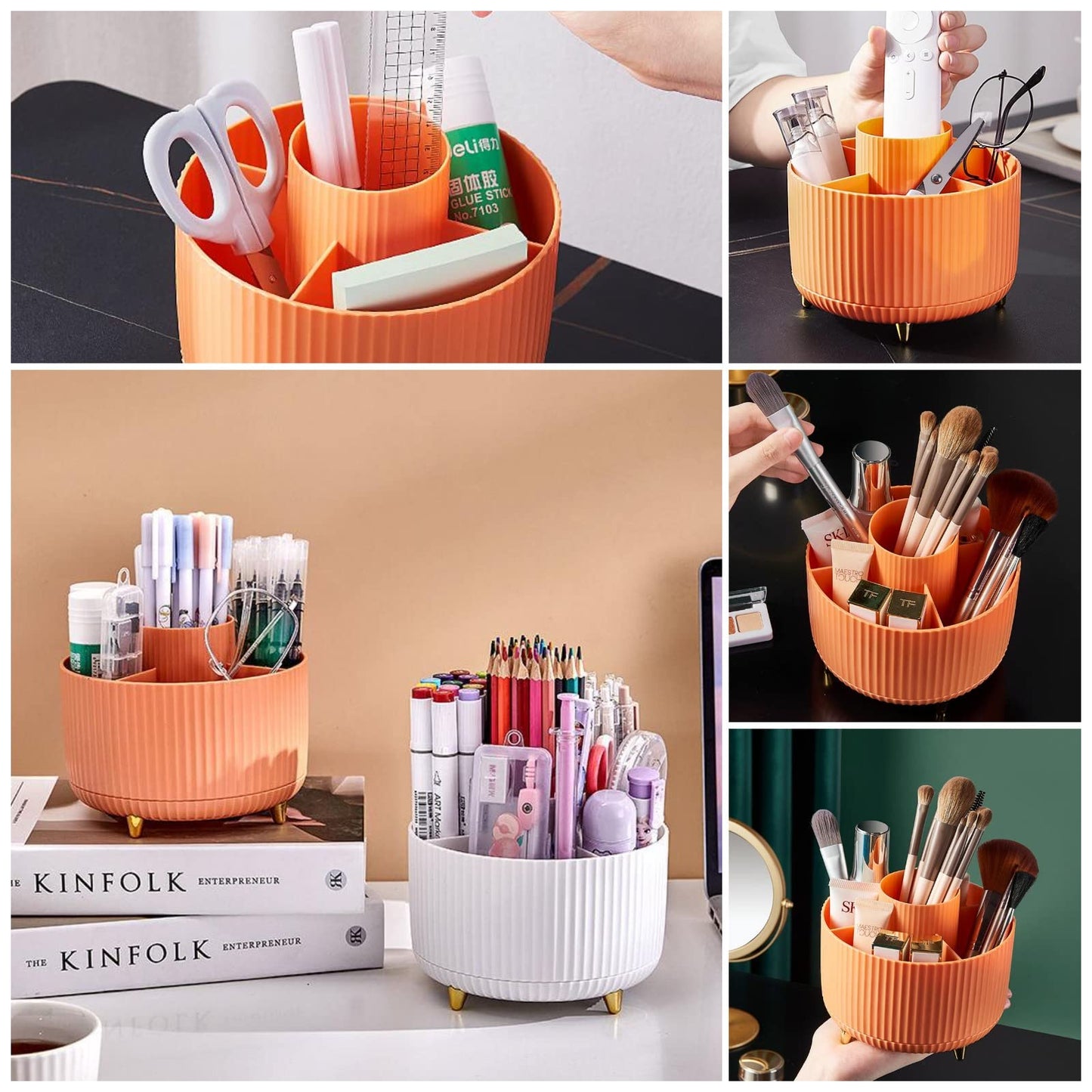DASITON Large Capacity Makeup Brush Holder,360° Rotating Makeup Organizer,5 Slot Makeup Brushes Cup,for Vanity Decor,Bathroom Countertops,Desk Storage Container,Cosmetic Display cases(Blue)