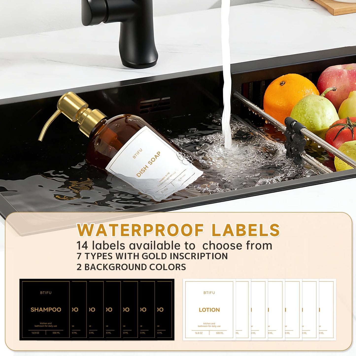 Kitchen Soap Dispenser Set – 16.8oz/500ml Glass Hand and Dish Soap Dispenser with Stainless Steel Pumps & Non-Slip Silicone Base, Luxury Countertop Decor for Home, Airbnb, Office (Amber & Gold)