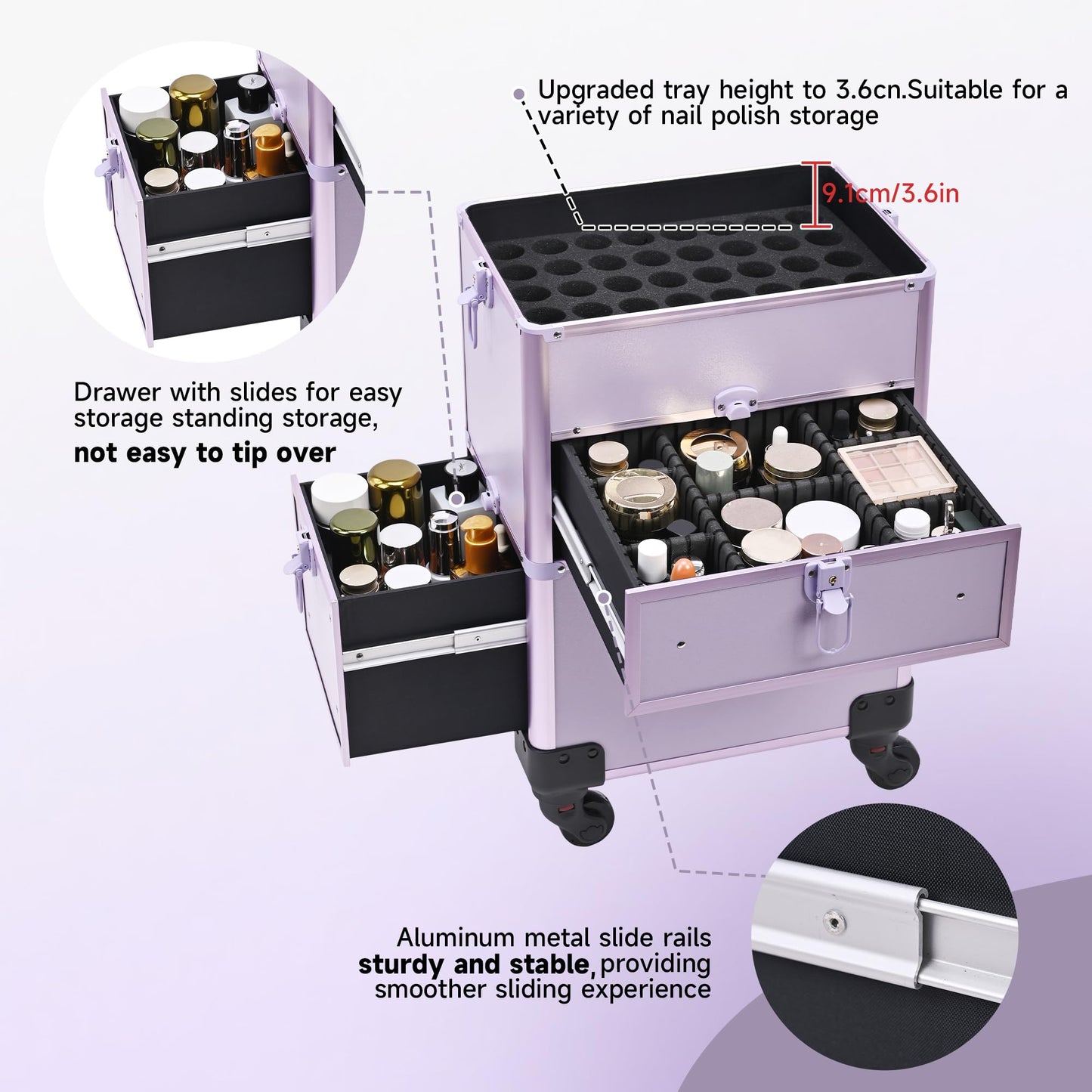 Somduy Rolling Makeup Case with Drawer, Makeup Train Case, 4 in 1Cosmetology Case on Wheels, Christmas Gift, Large Makeup Case Organizers, Profesional Cosmetic Case for Salon Barber, Purple